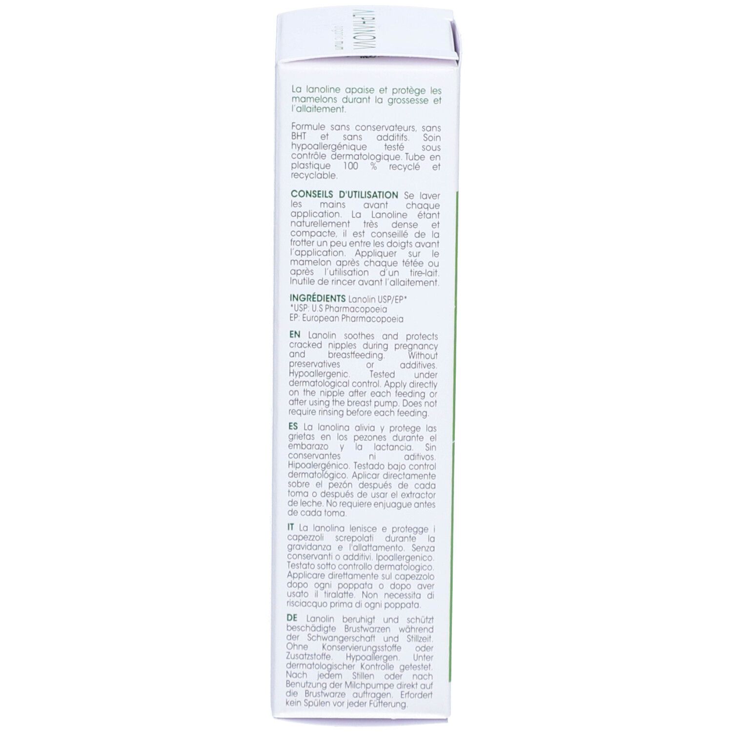 Côté de l'emballage du produit. Texte en plusieurs langues. Marque: ALPHANOVA. Ingrédients, conseils d'utilisation, testé dermatologiquement.