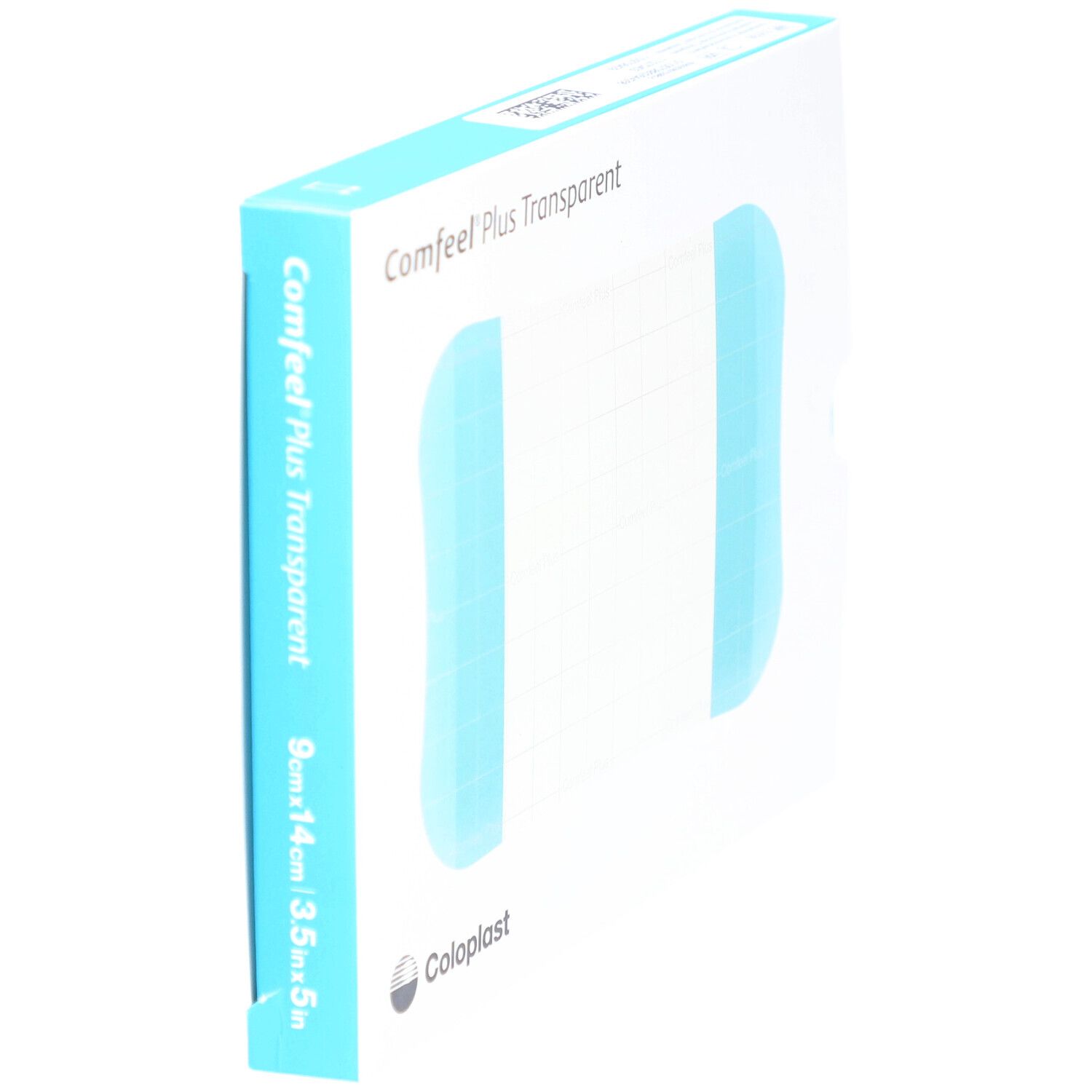 Emballage Comfeel Plus Transparent, 9x14cm. Accents bleus. Marque Coloplast. Vue latérale.