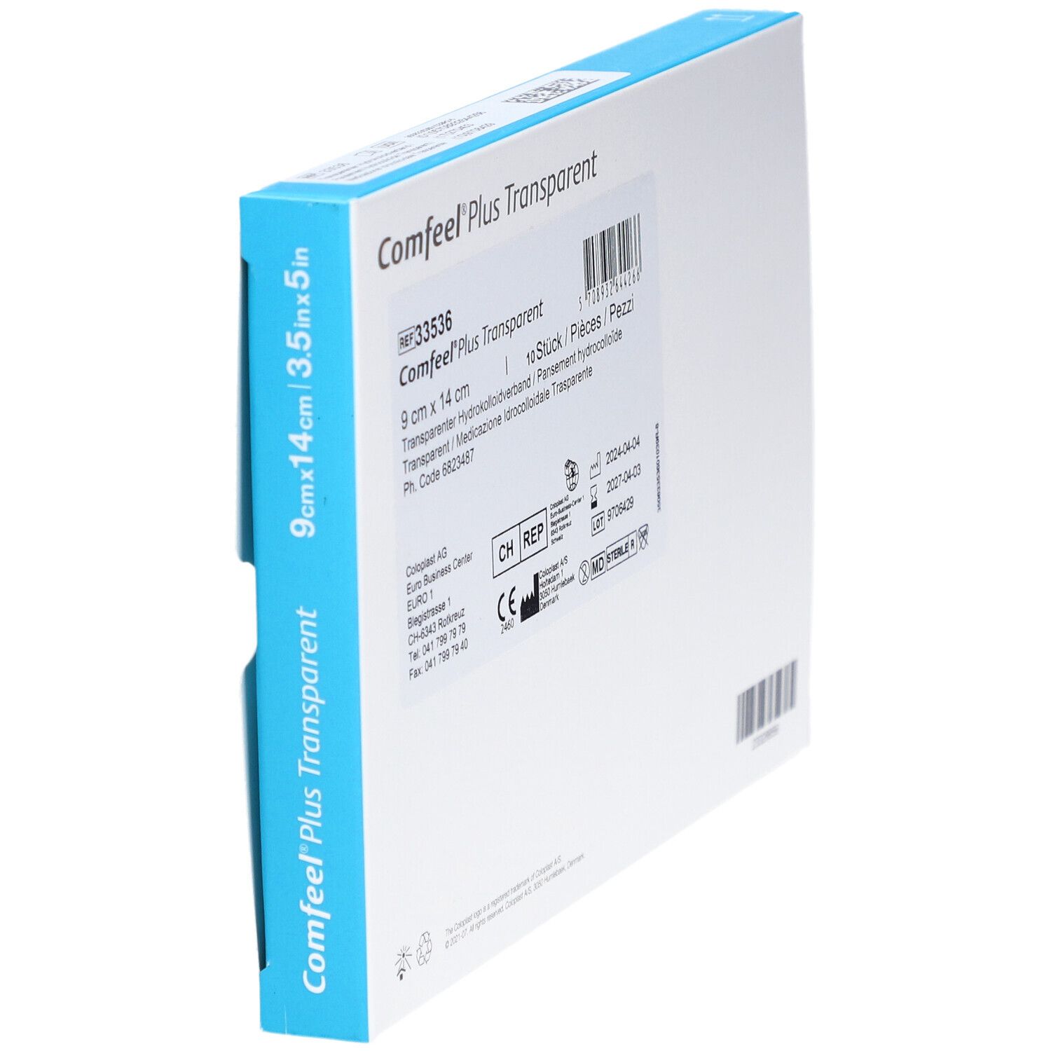 Emballage Comfeel Plus Transparent, vue latérale. Informations produit, taille 9x14cm. Marquage CE.