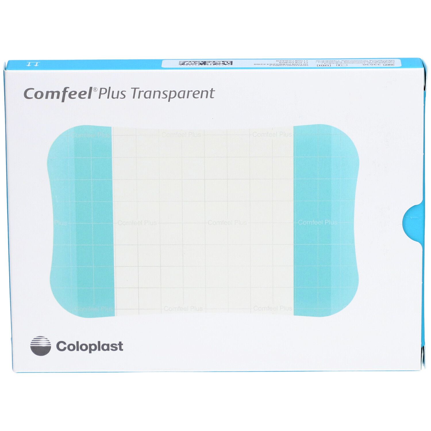 Emballage Comfeel Plus Transparent Hydro Verb. Produit visible, accents bleus, marque Coloplast.