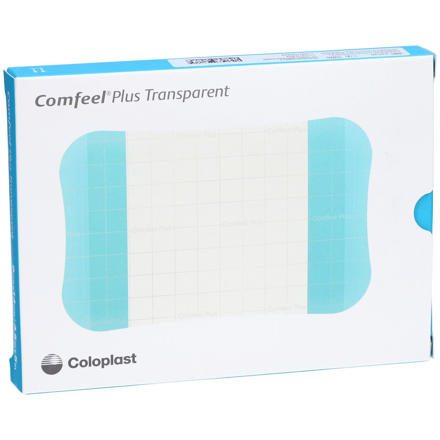 Emballage Comfeel Plus Transparent. Produit visible, accents bleus, marque Coloplast.