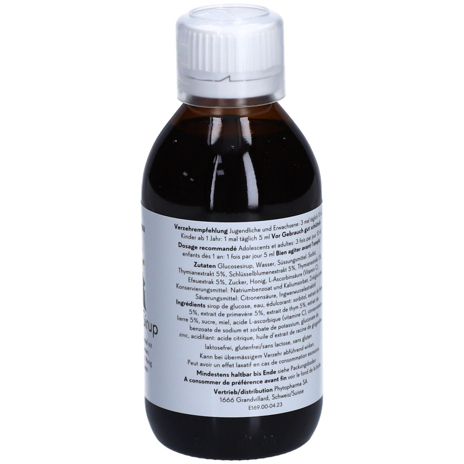 Braune Flasche mit weißem Deckel. Etikett mit Produktnamen und Logo. 200 ml. Nahrungsergänzungsmittel.