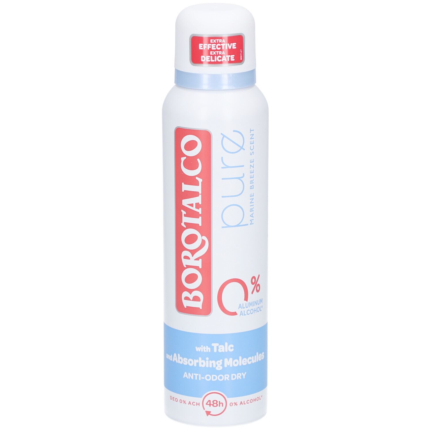 Deo-Spray-Flasche, weiß mit rotem und blauem Etikett. Text: BOROTALCO, pure, 0% Aluminium, mit Talk, Anti-Geruch.