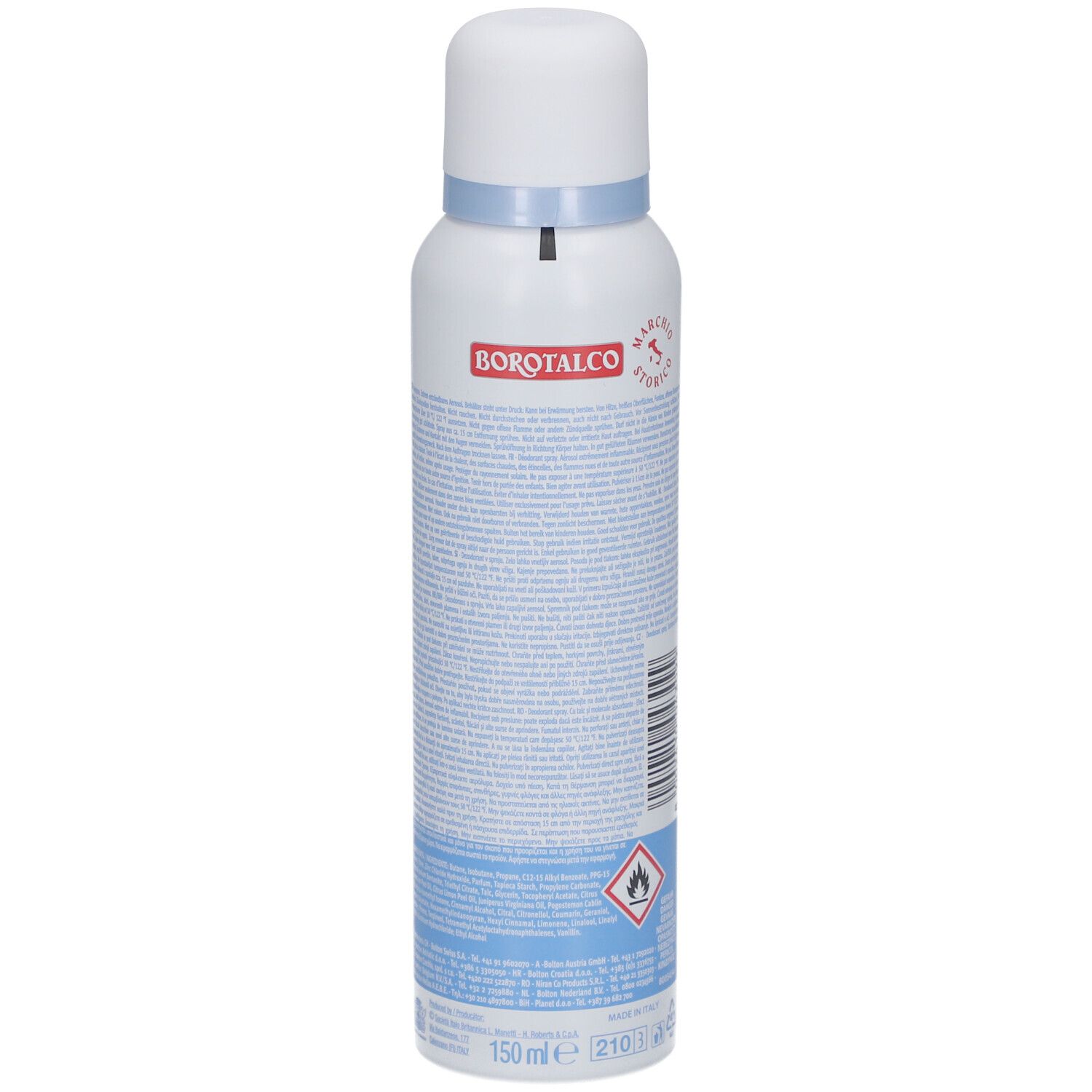Rückseite der Deo-Spray-Flasche. Weiß, mit blauer und schwarzer Beschriftung. Enthält Text und Symbole.