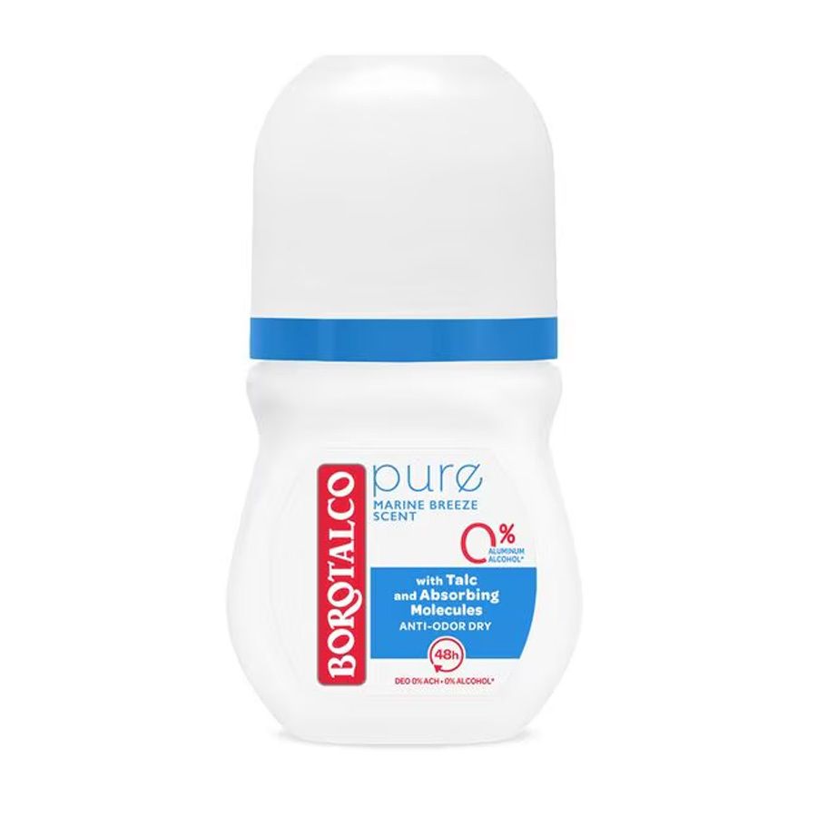 Weißer Roll-on-Deo mit blauem Akzent. BOROTALCO-Logo. Text: Pure, Marine Breeze, 0%, Anti-Odor Dry. Ohne Alkohol.