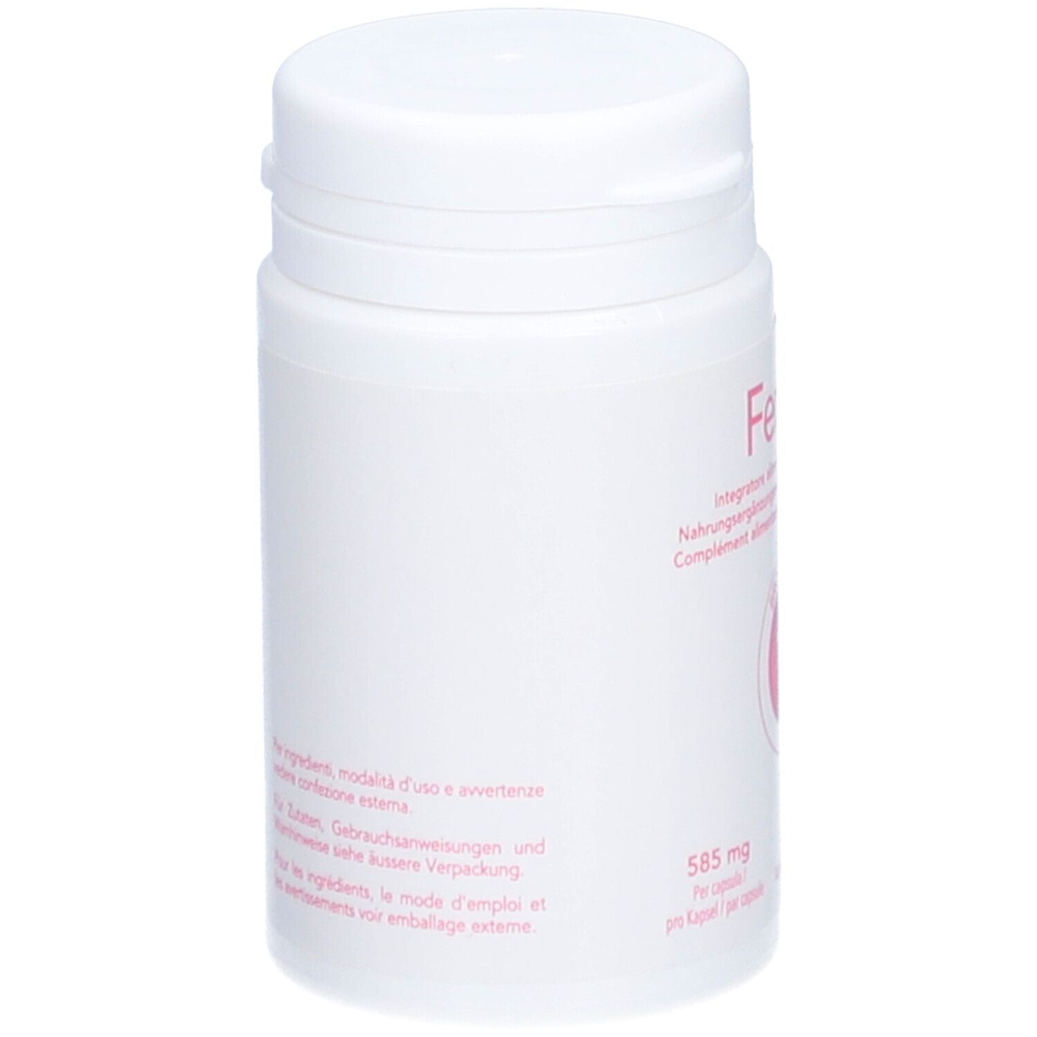 Weiße Flasche mit Fenelle-Aufdruck. Enthält 30 Kapseln. Rosa Logo. Text in Deutsch, Italienisch und Französisch.