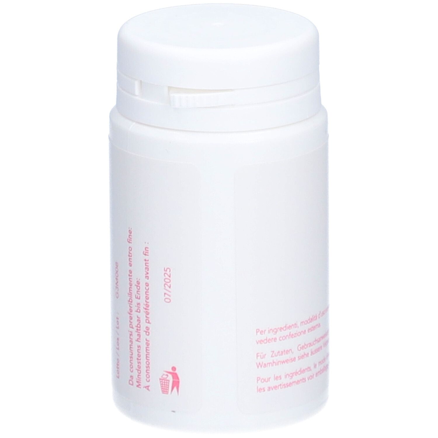 Weiße Flasche mit Fenelle-Aufdruck. Enthält 30 Kapseln. Rosa Logo. Text in Deutsch, Italienisch und Französisch.