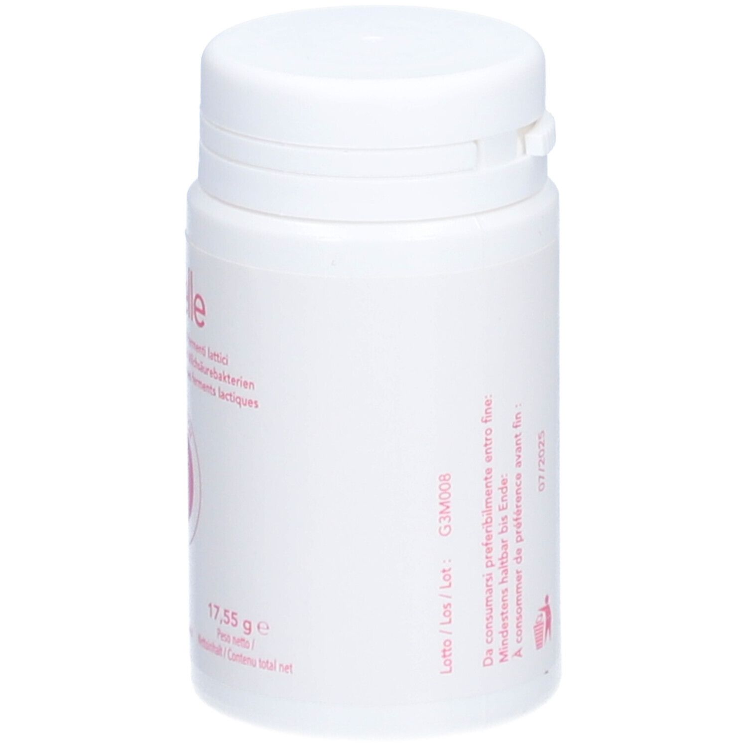 Weiße Flasche mit Fenelle-Aufdruck. Enthält 30 Kapseln. Rosa Logo. Text in Deutsch, Italienisch und Französisch.