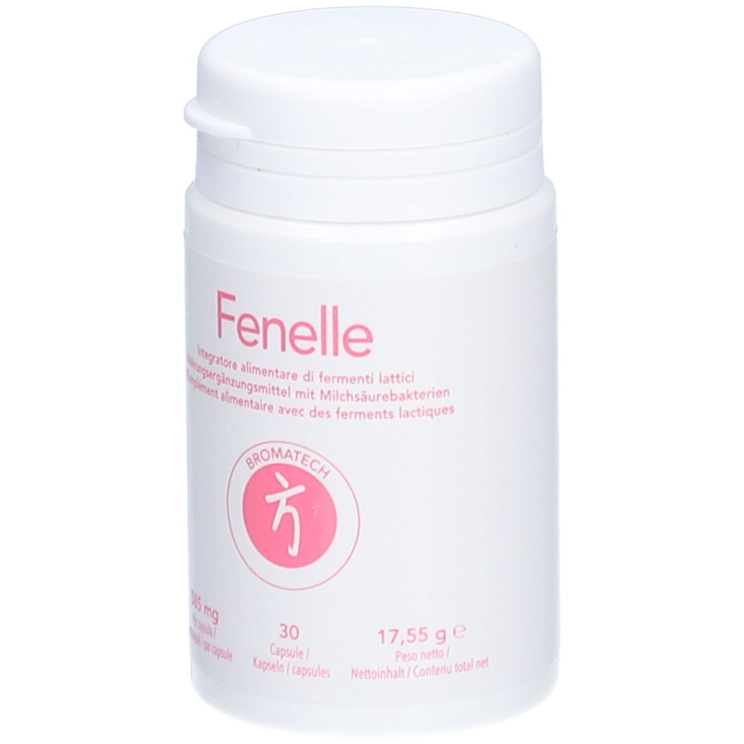 Weiße Flasche mit Fenelle-Aufdruck. Enthält 30 Kapseln. Rosa Logo. Text in Deutsch, Italienisch und Französisch.