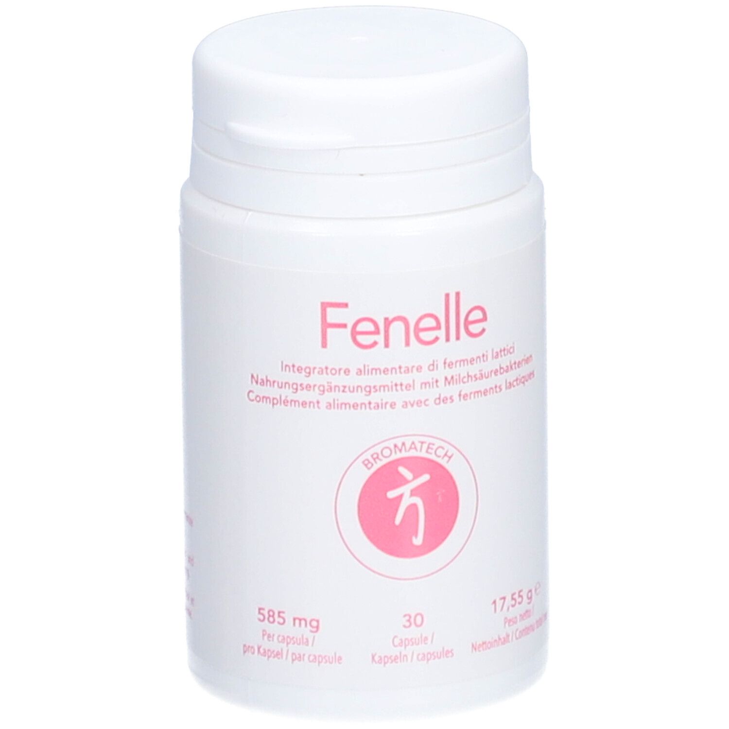 Weiße Flasche mit Fenelle-Aufdruck. Enthält 30 Kapseln. Rosa Logo. Text in Deutsch, Italienisch und Französisch.