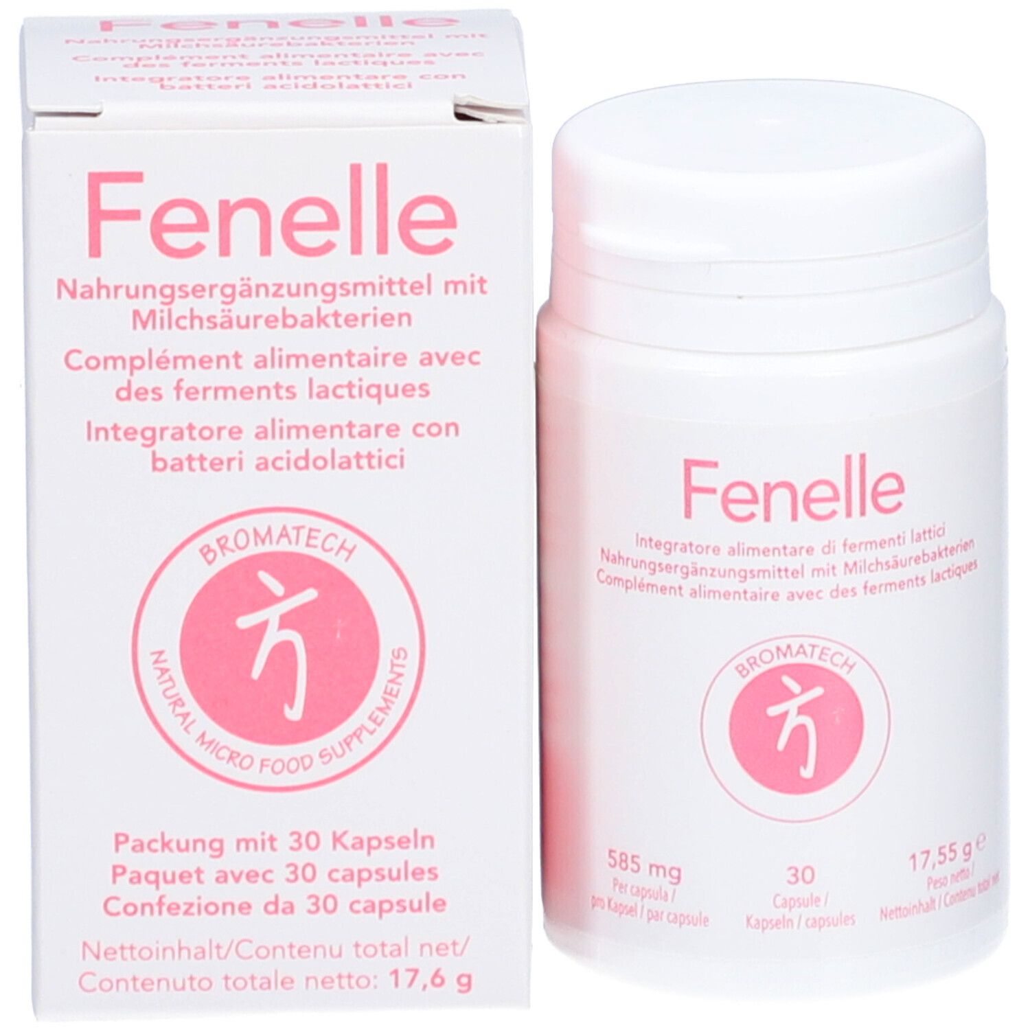 Fenelle-Packung mit Flasche. Enthält 30 Kapseln. Rosa Logo. Text in Deutsch, Italienisch und Französisch.