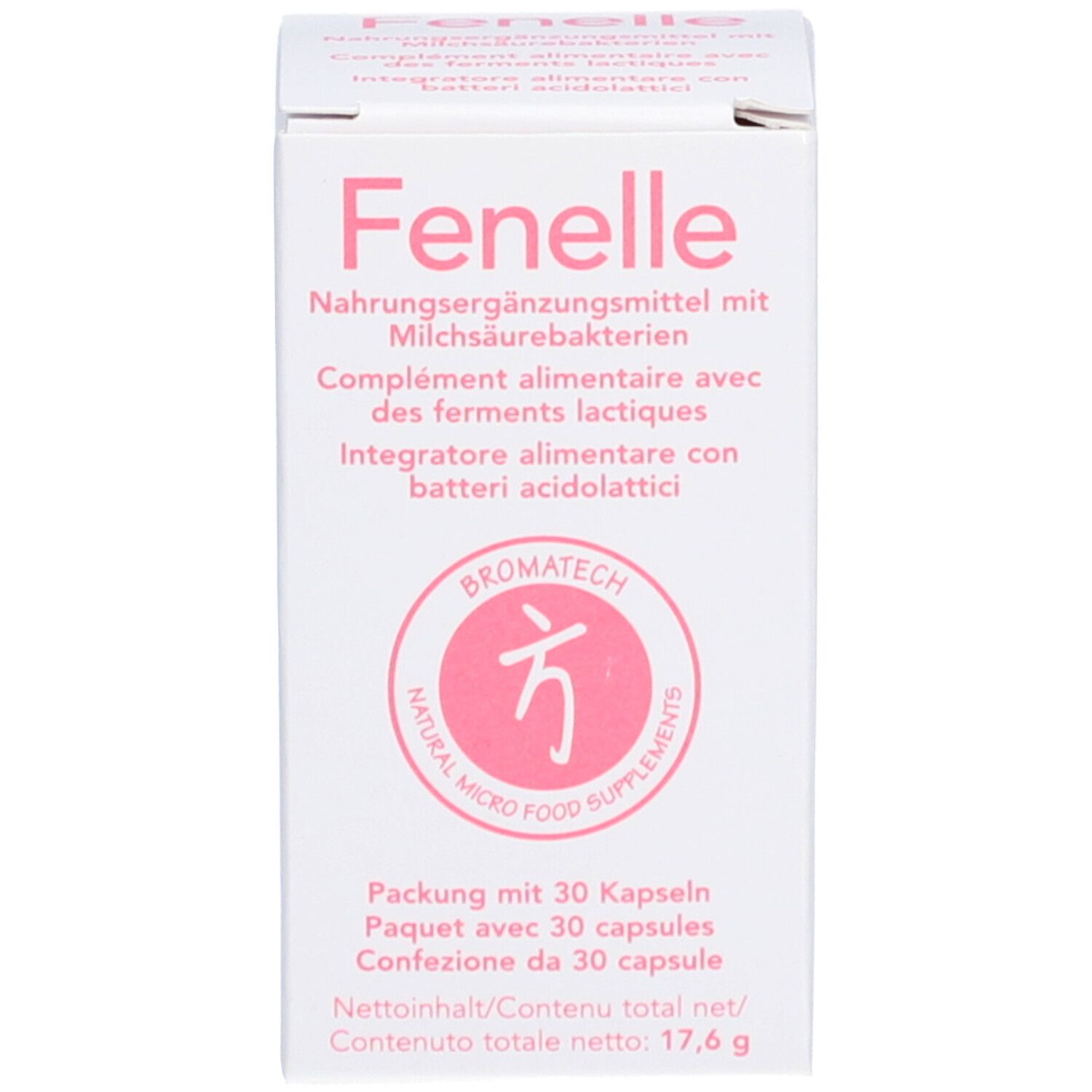 Fenelle-Packung. Enthält 30 Kapseln. Rosa Logo. Text in Deutsch, Italienisch und Französisch.