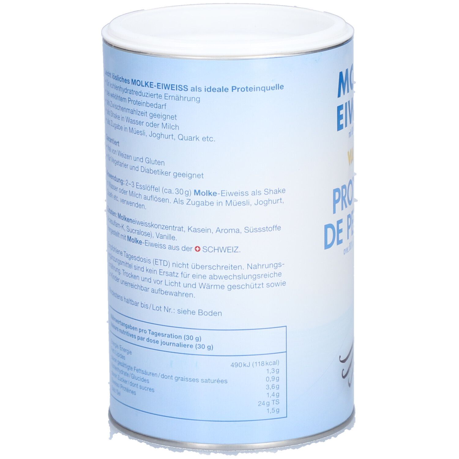 Rückseite der Dose. Textinformationen zu Inhaltsstoffen, Anwendung und Nährwerten. Mit dem Schweizer Kreuz.
