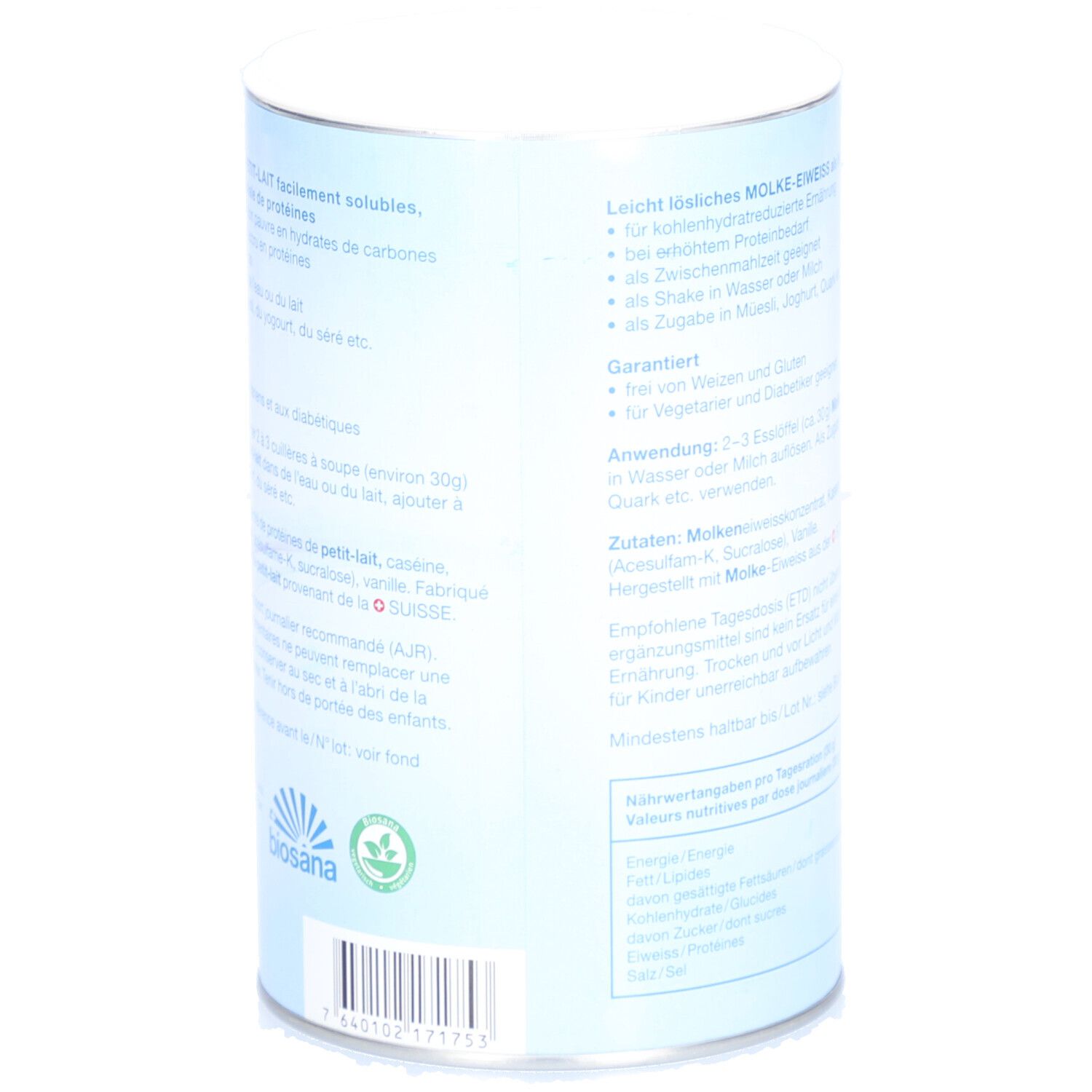 Rückseite der Dose. Textinformationen zu Inhaltsstoffen, Anwendung und Nährwerten. Mit Biosana-Logo.