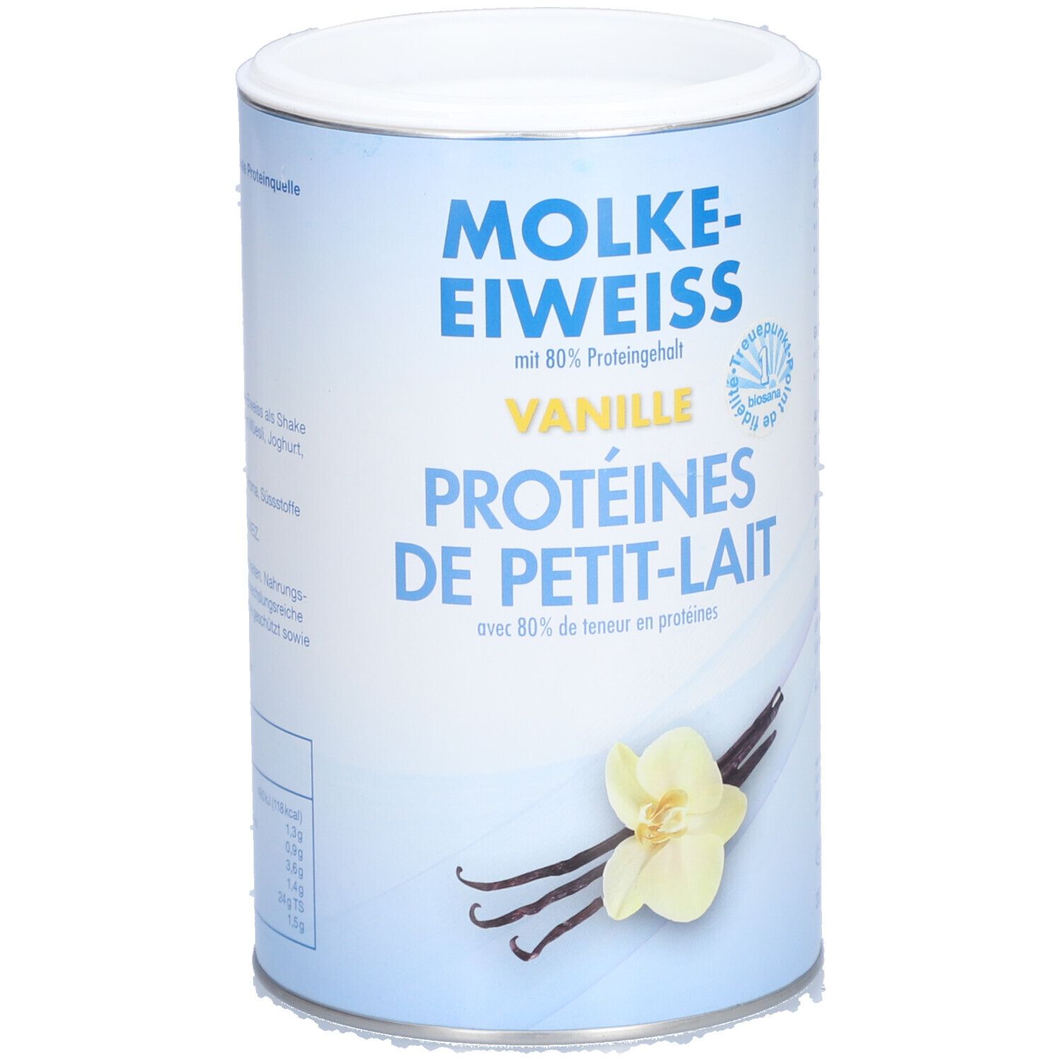 Zylinderdose mit "MOLKE-EIWEISS Vanille". Abbildung von Vanilleschote und Blüte. Mit 80% Proteingehalt.