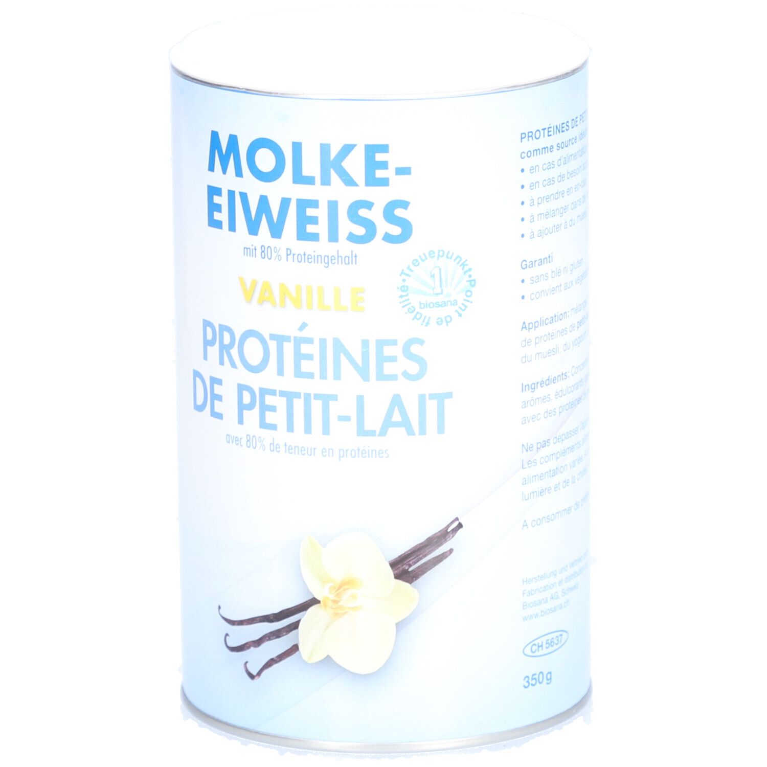 Zylinderdose mit "MOLKE-EIWEISS Vanille". Abbildung von Vanilleschote und Blüte. Mit 80% Proteingehalt.
