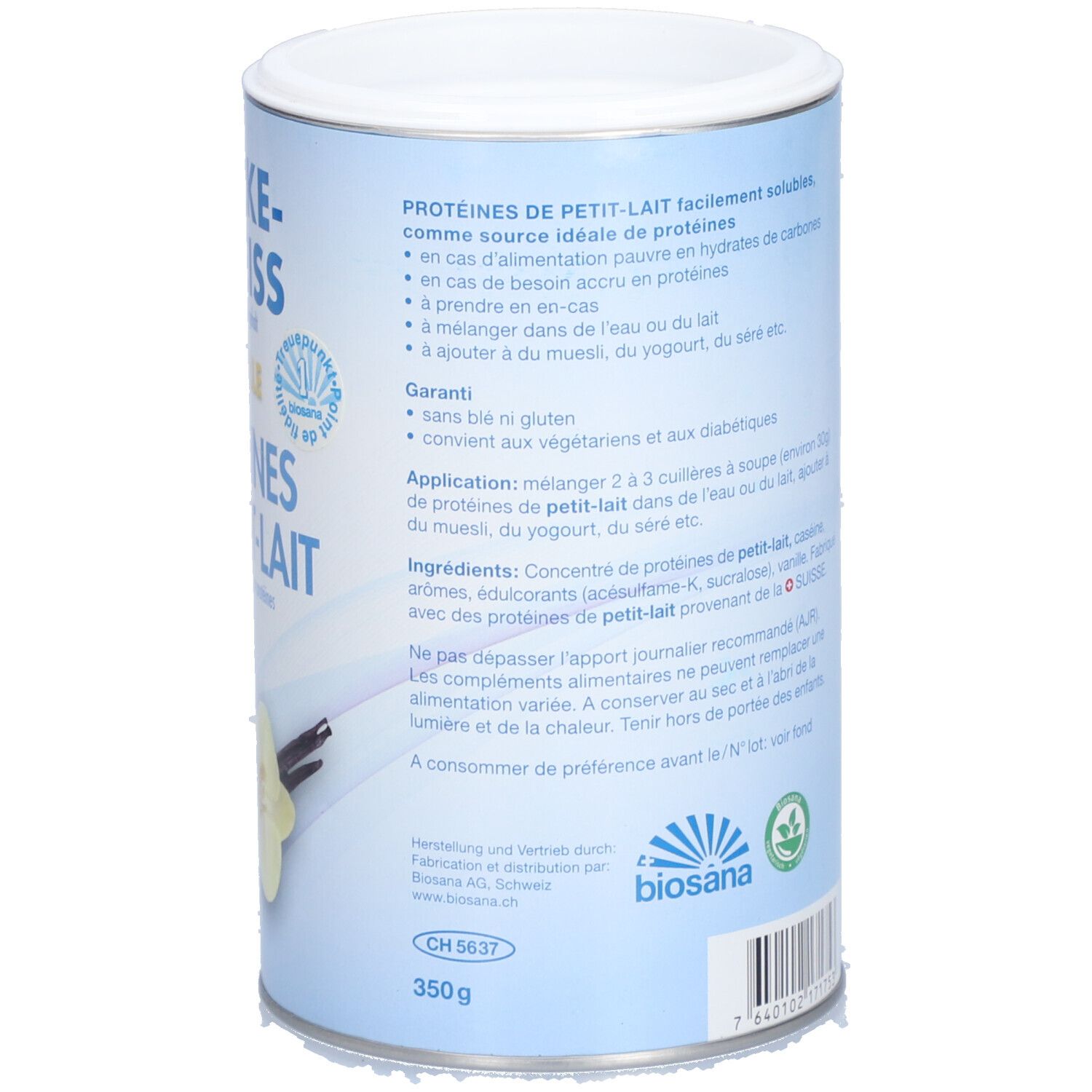 Rückseite der Dose. Textinformationen zu Inhaltsstoffen, Anwendung und Nährwerten. Biosana-Logo. 350g.