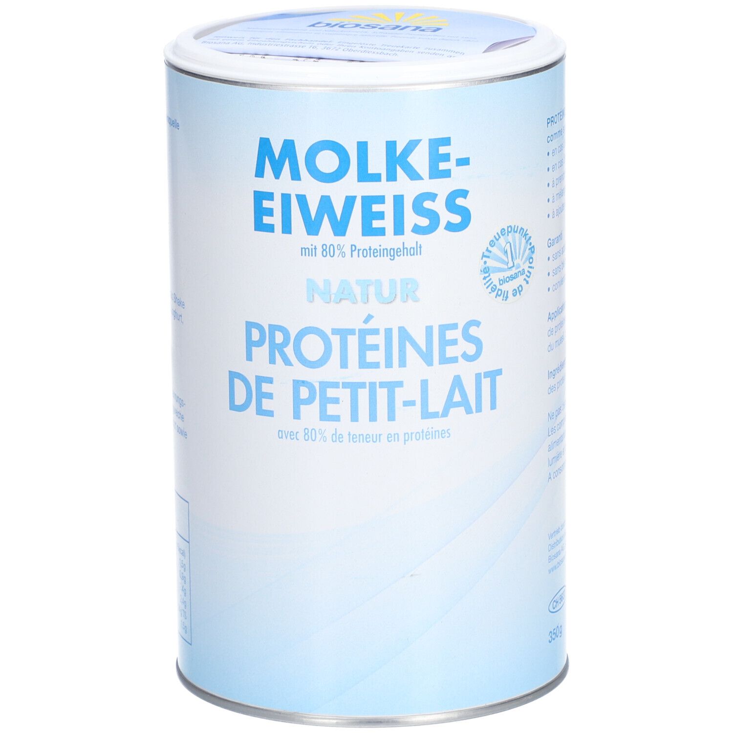 Zylinderdose mit MOLKE-EIWEISS NATUR. Blaue Dose mit weißer Schrift. Text: Proteine de petit-lait.
