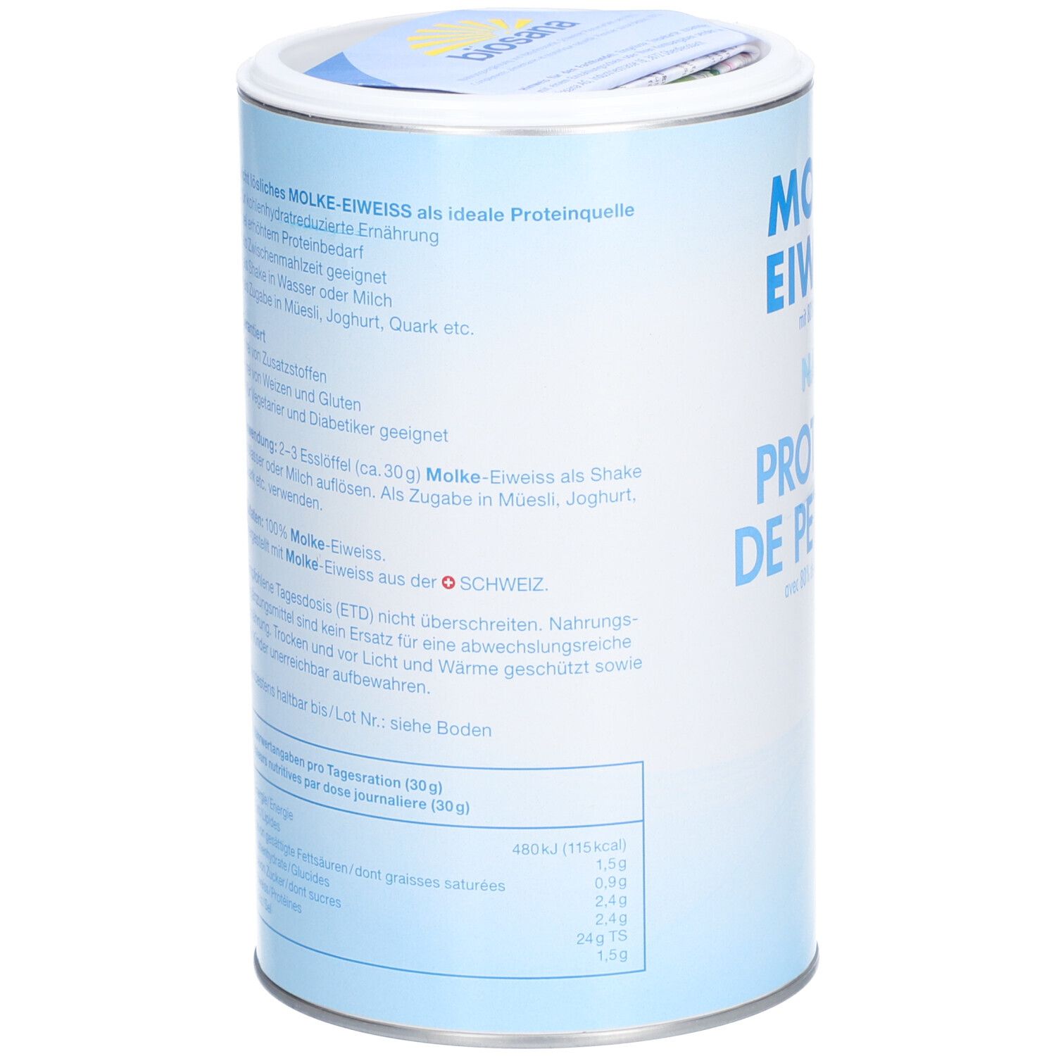 Rückseite der Dose MOLKE-EIWEISS NATUR. Text in Deutsch. Enthält Informationen zur Anwendung und Inhaltsstoffe.