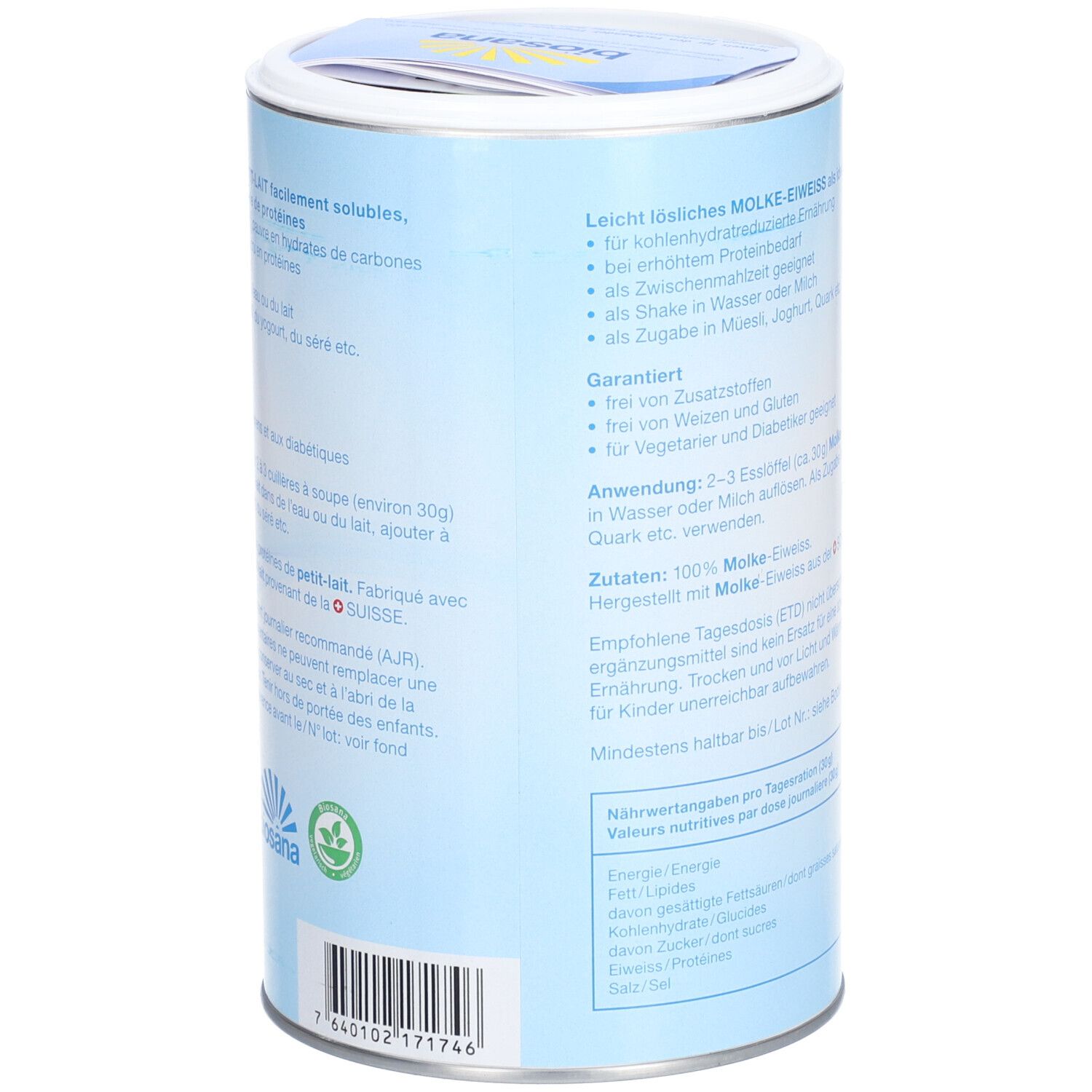 Rückseite der Dose MOLKE-EIWEISS NATUR. Text in Deutsch. Enthält Informationen zu Inhaltsstoffen und Nährwerten.