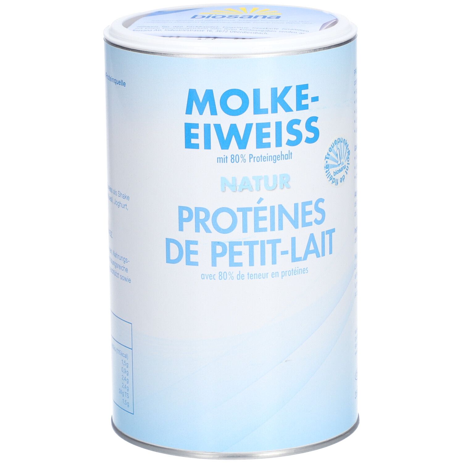 Zylinderdose MOLKE-EIWEISS NATUR. Blaue Dose mit weißer Schrift. Text: Proteine de petit-lait.
