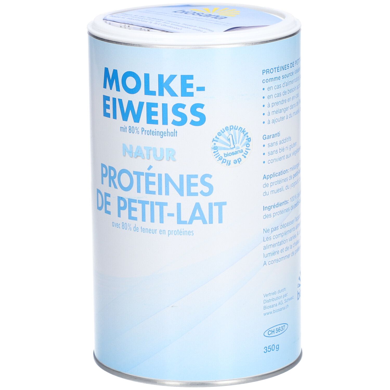 Zylinderdose MOLKE-EIWEISS NATUR. Blaue Dose mit weißer Schrift. Text: Proteine de petit-lait. 350g.