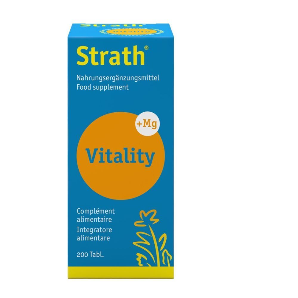 Blau-gelbe Schachtel mit "Strath Vitality". Enthält 200 Tabletten. Aufdruck: Nahrungsergänzungsmittel.