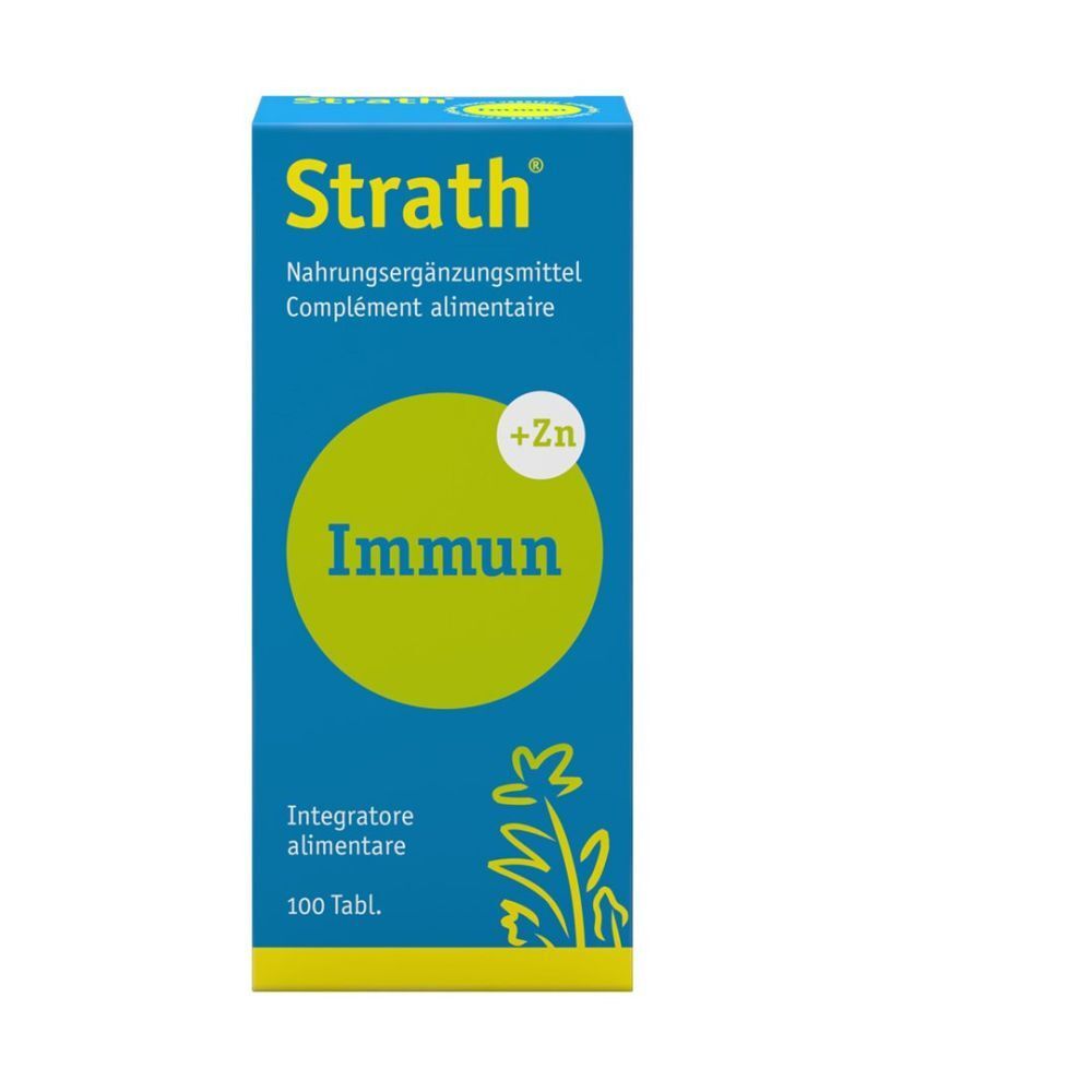 Blau-gelbe Schachtel mit "Strath Immun". Enthält 100 Tabletten. Nahrungsergänzungsmittel.