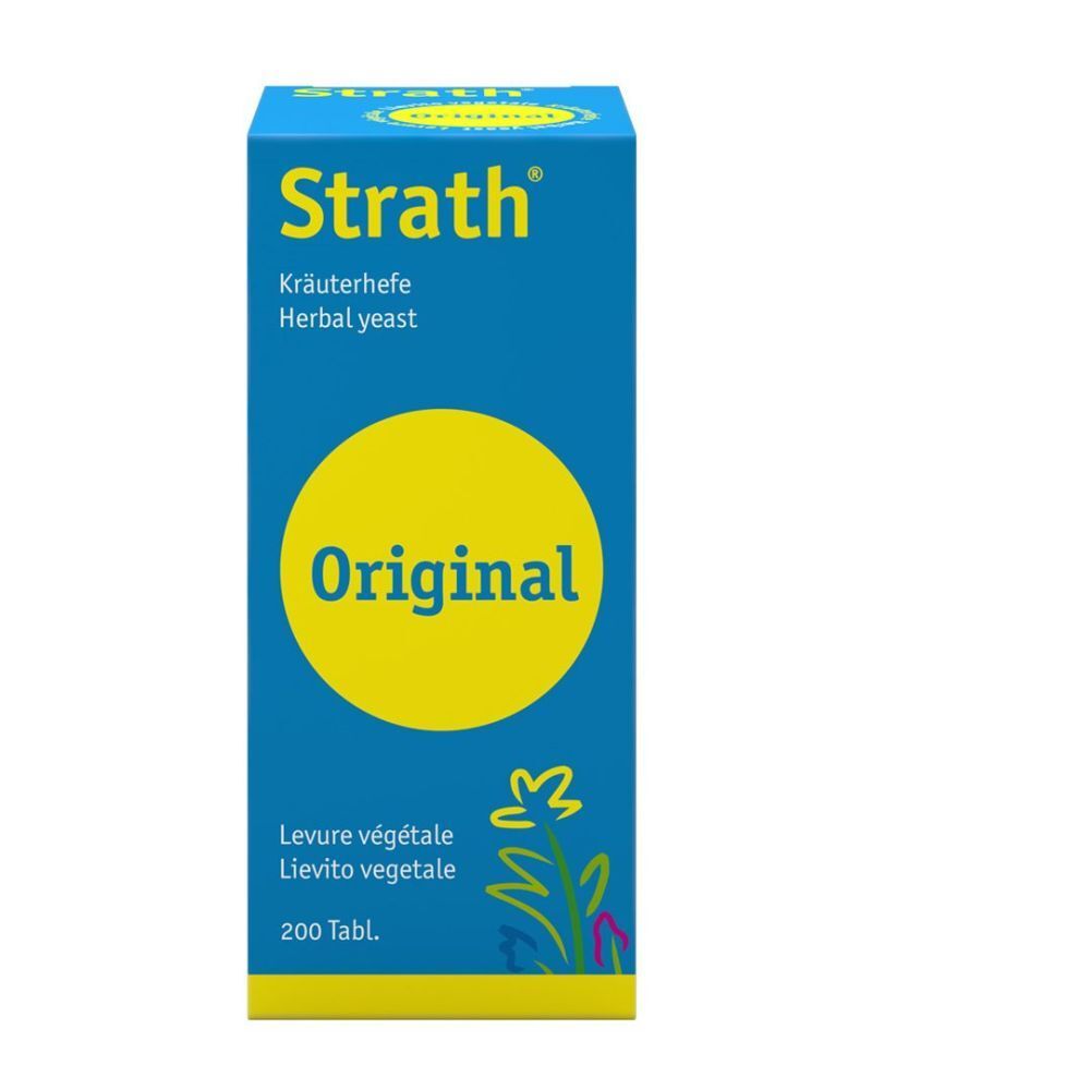 Blau-gelbe Schachtel mit "Strath Original". Kräuterhefe-Tabletten. 200 Tabletten. Produktname und Logo deutlich sichtbar.