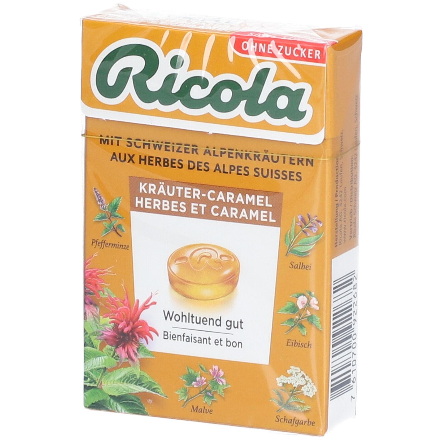 Verpackung von Ricola Kräuter- und Karamellbonbons. Aufdruck mit Kräutern, Produktname und "Ohne Zucker".