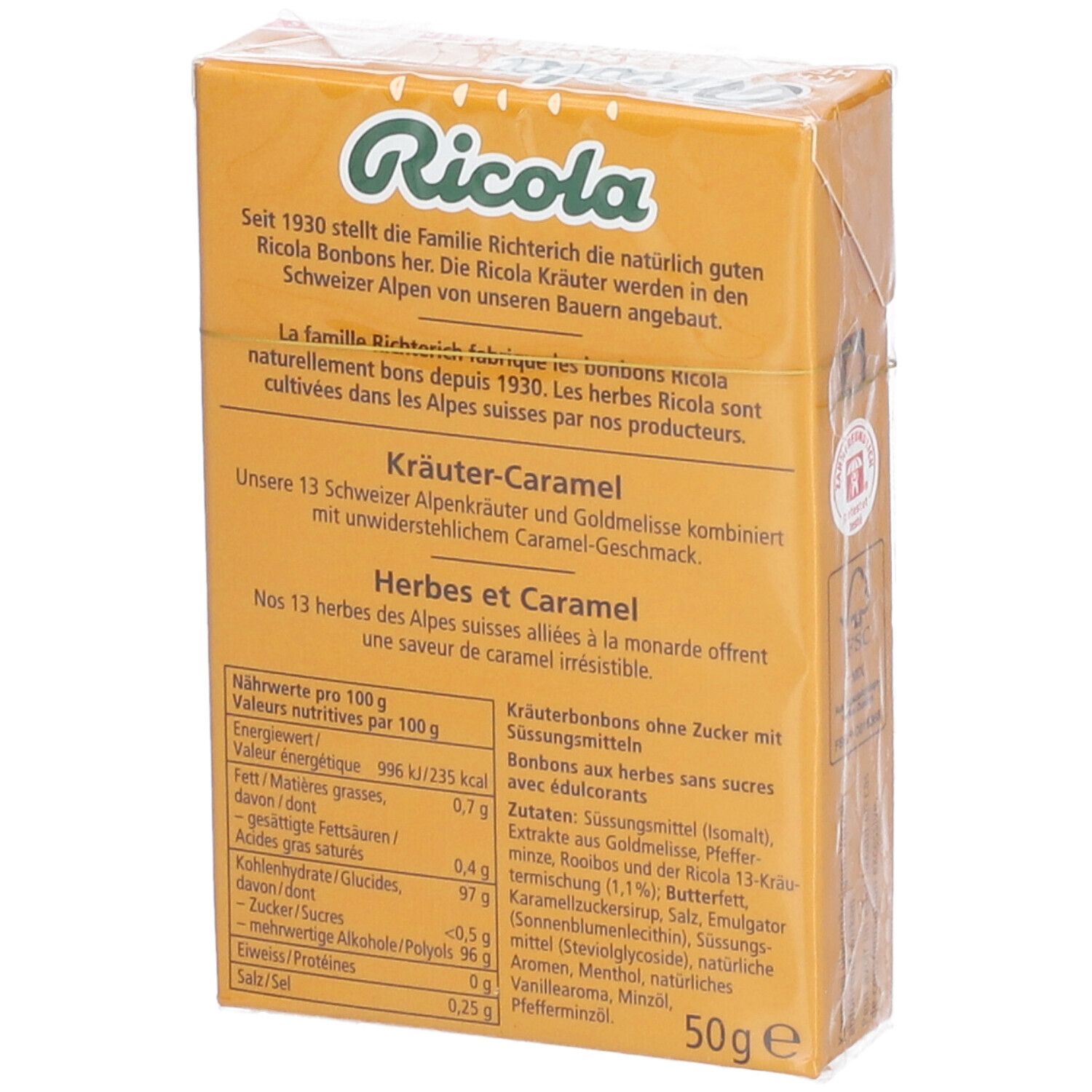 Rückseite der Ricola Kräuter- und Karamellbonbons-Verpackung. Text über die Marke und Nährwertangaben.