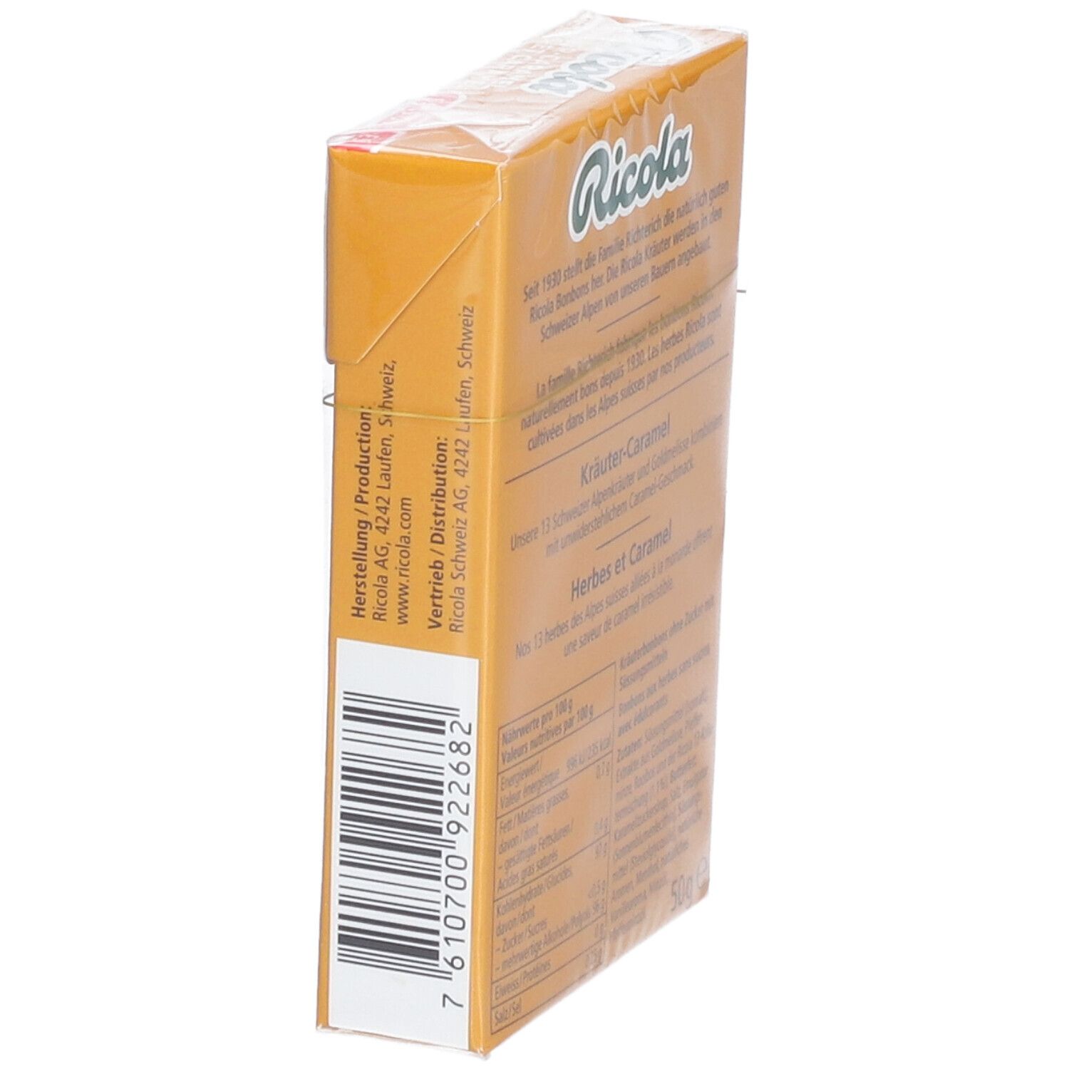 Seitenansicht der Ricola Kräuter- und Karamellbonbons-Verpackung. Barcode und Herstellerinformationen.