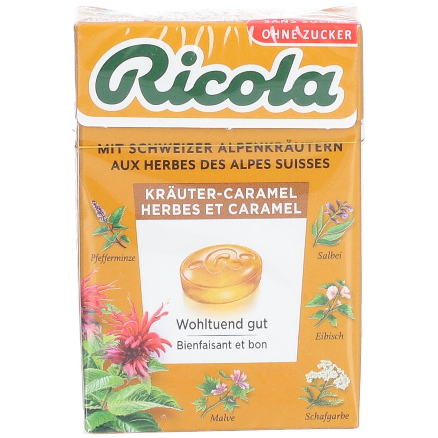 Verpackung von Ricola Kräuter- und Karamellbonbons. Vorderseite mit Produktname, Kräutern und "Ohne Zucker".
