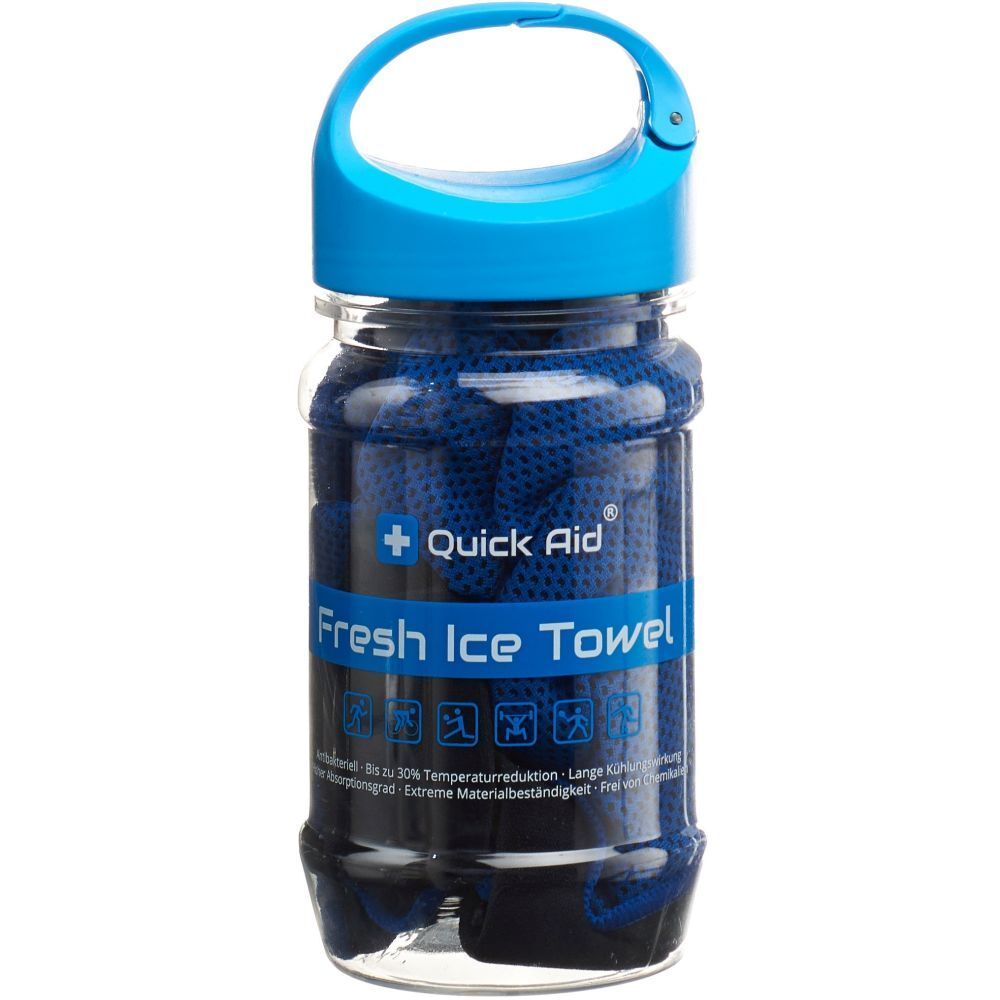 Blaues QUICK AID® Eishandtuch in transparenter Flasche mit blauem Deckel. Aufschrift: Fresh Ice Towel.