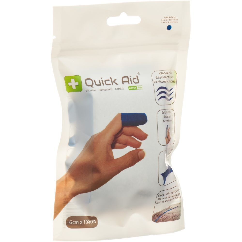 Verpackung mit blauem Fingerverband. Hand mit Fingerverband. Aufdruck: 6 cm x 100 cm.