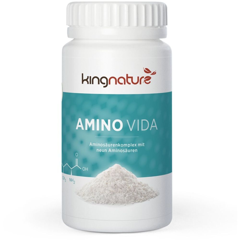 Weiße Flasche mit "kingnature" und "AMINO VIDA" Aufschrift. Darunter ein Haufen weißes Pulver. Aufschrift: Aminosäurenkomplex.