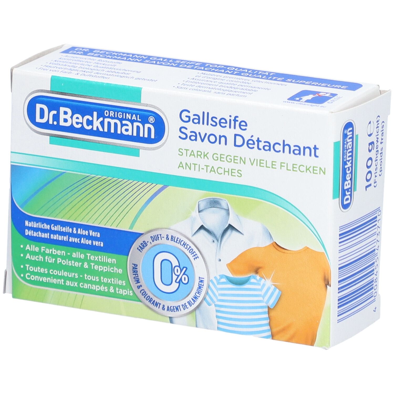Karton mit Gallseife. Aufdrucke: Dr. Beckmann, Gallseife, Savon Détachant, 100g. Abbildung von drei Kleidungsstücken.