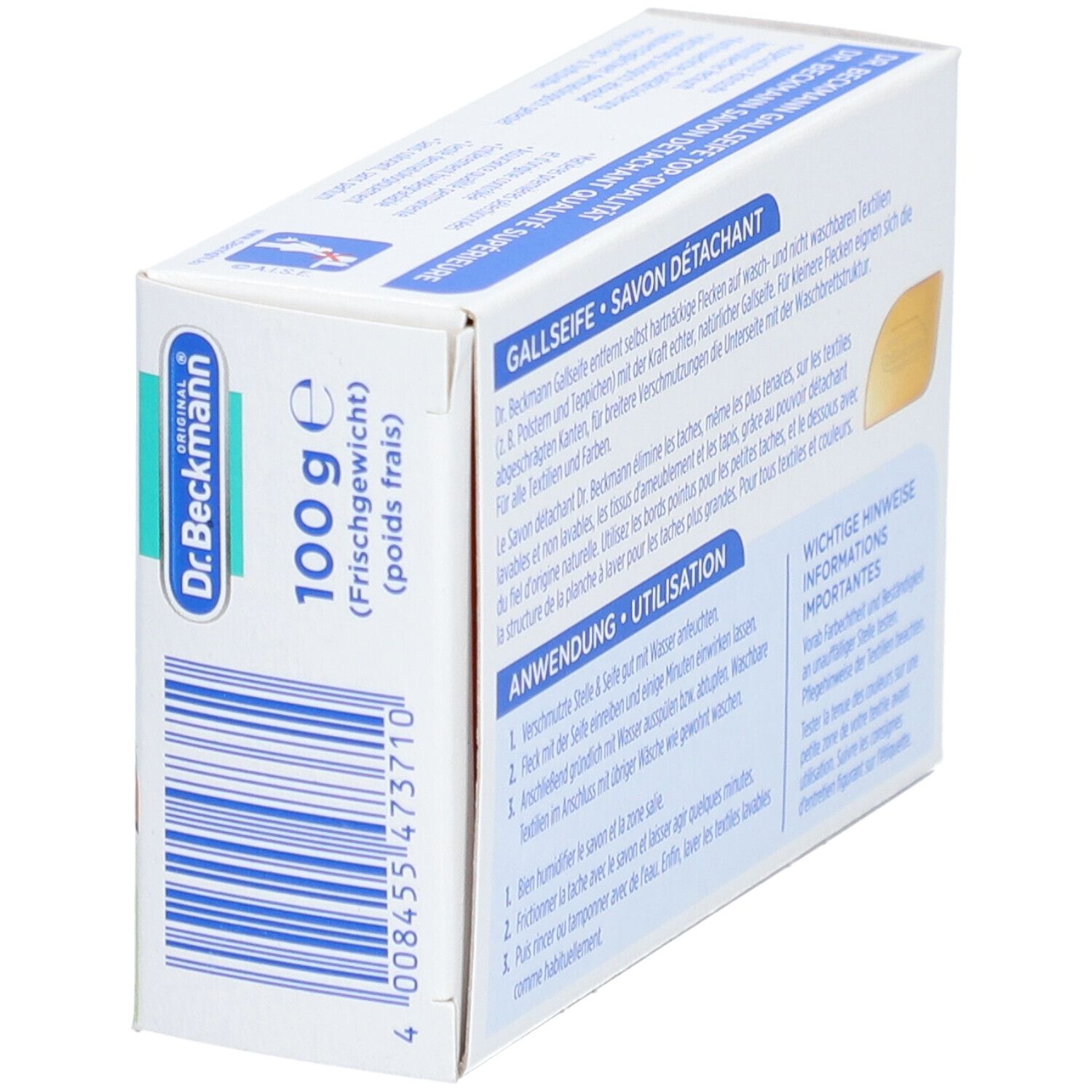 Karton mit Gallseife. Aufdrucke: Dr. Beckmann, Gallseife, Savon Détachant, 100g. Rückansicht mit Barcode.
