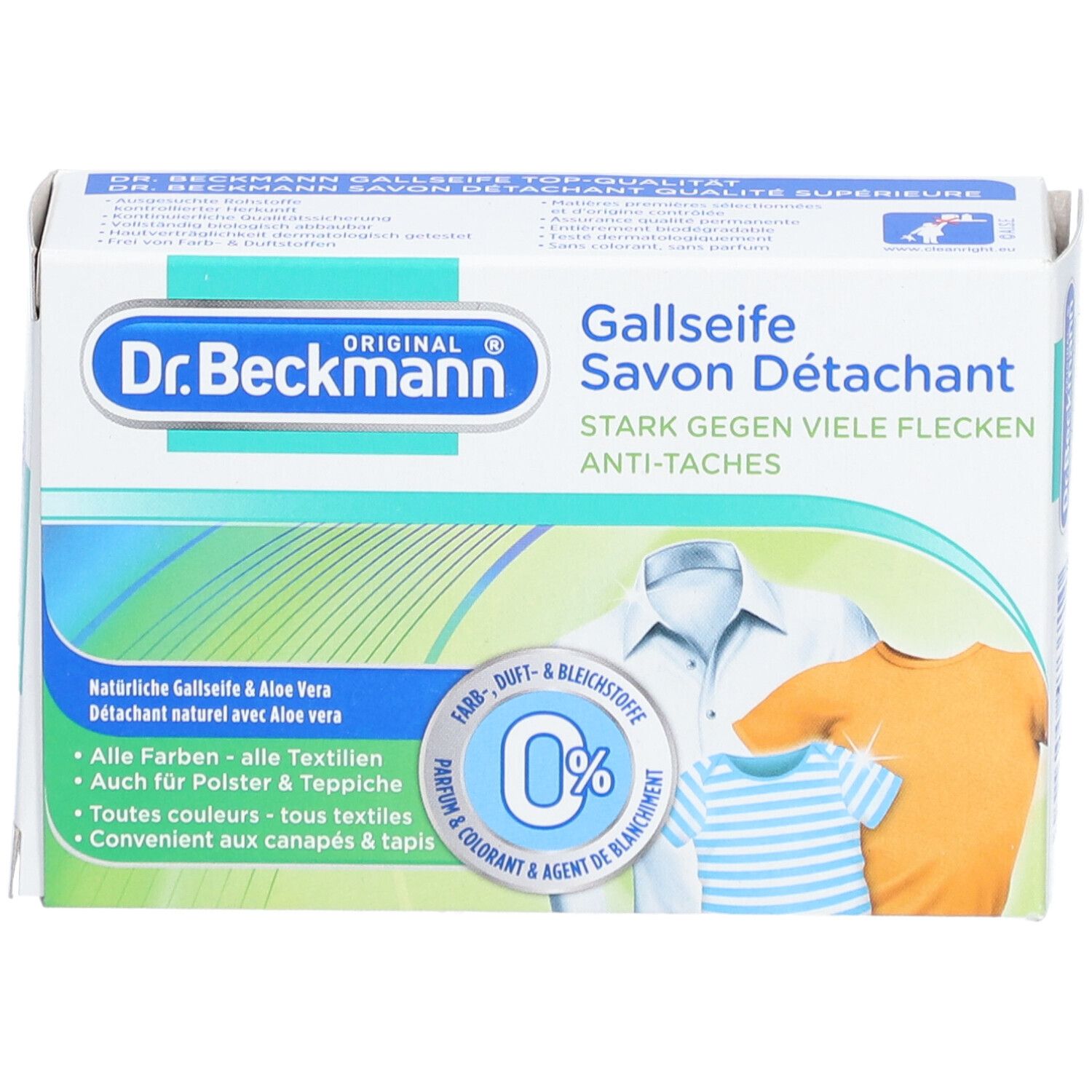 Karton mit Gallseife. Aufdrucke: Dr. Beckmann, Gallseife, Savon Détachant, 100g. Abbildung von drei Kleidungsstücken.