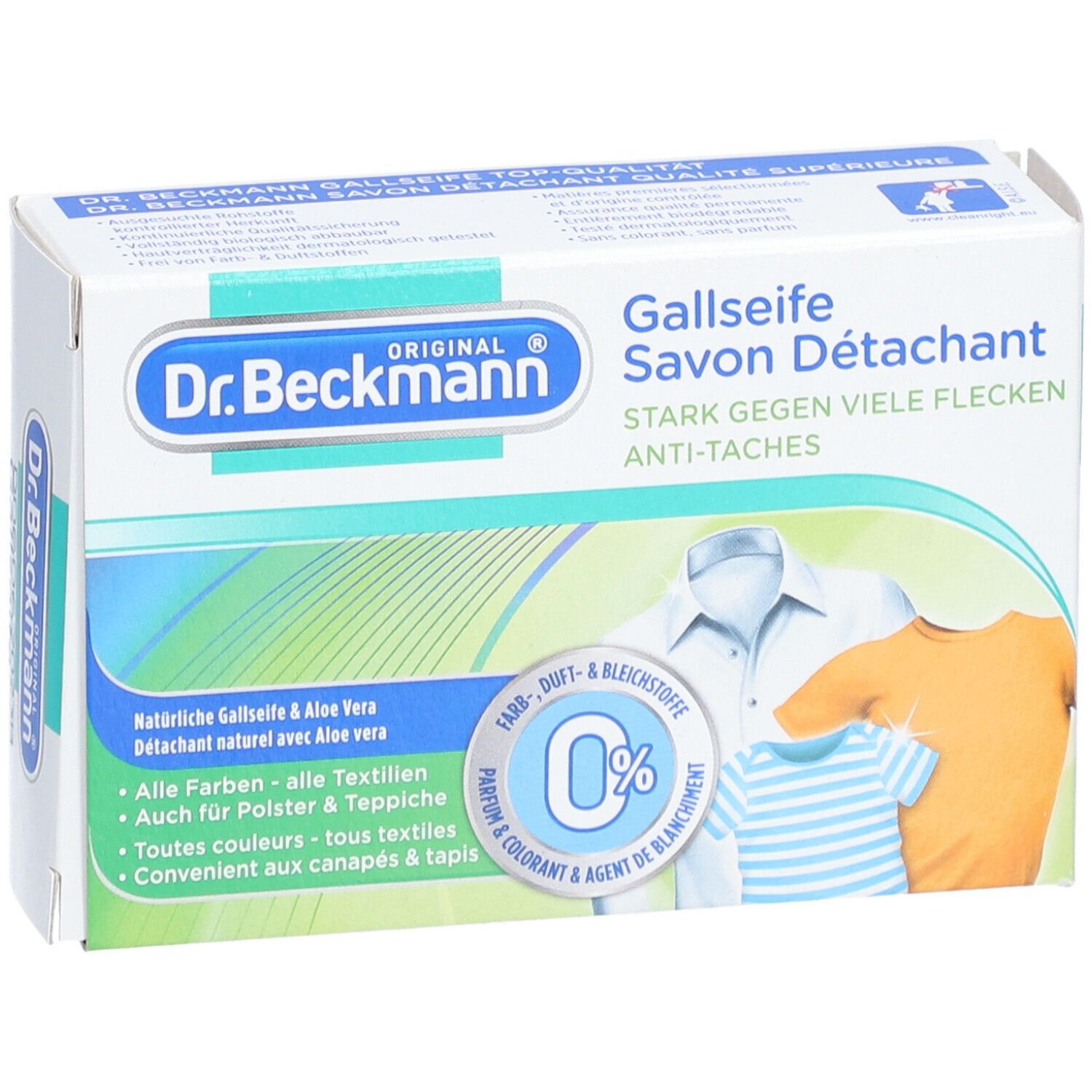 Karton mit Gallseife. Aufdrucke: Dr. Beckmann, Gallseife, Savon Détachant, 100g. Abbildung von drei Kleidungsstücken.