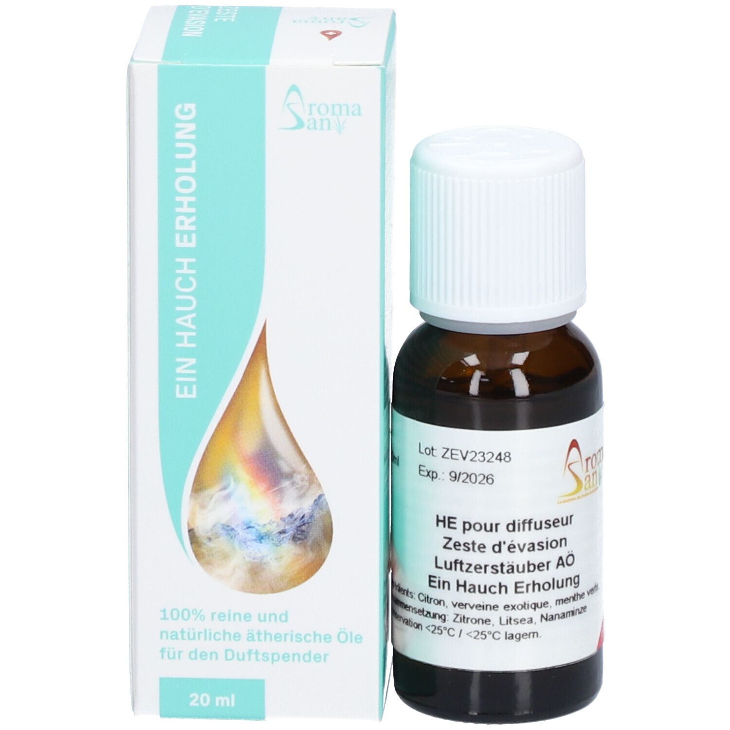 Emballage du produit avec flacon et carton. Inscription: Un soupçon de détente, 20 ml, Aromasan. Flacon avec bouchon blanc.