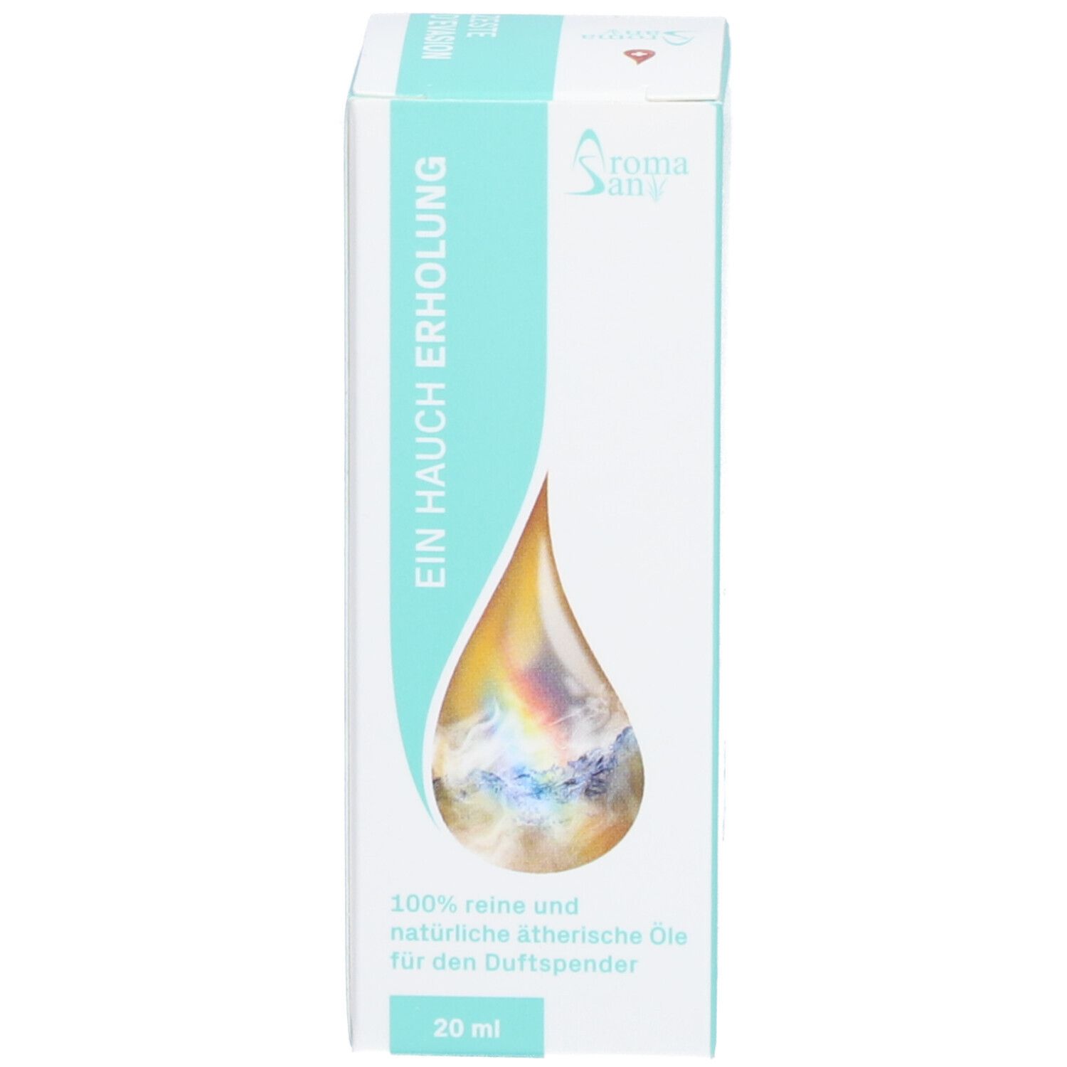Emballage du produit, carton avec design de goutte. Inscription: Un soupçon de détente, 20 ml, Aromasan. Coloris turquoise et blanc.