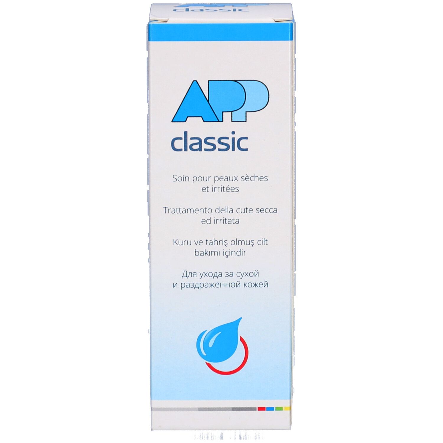Kartonverpackung. Aufschrift: APP classic. Text in mehreren Sprachen. Tropfen-Logo.