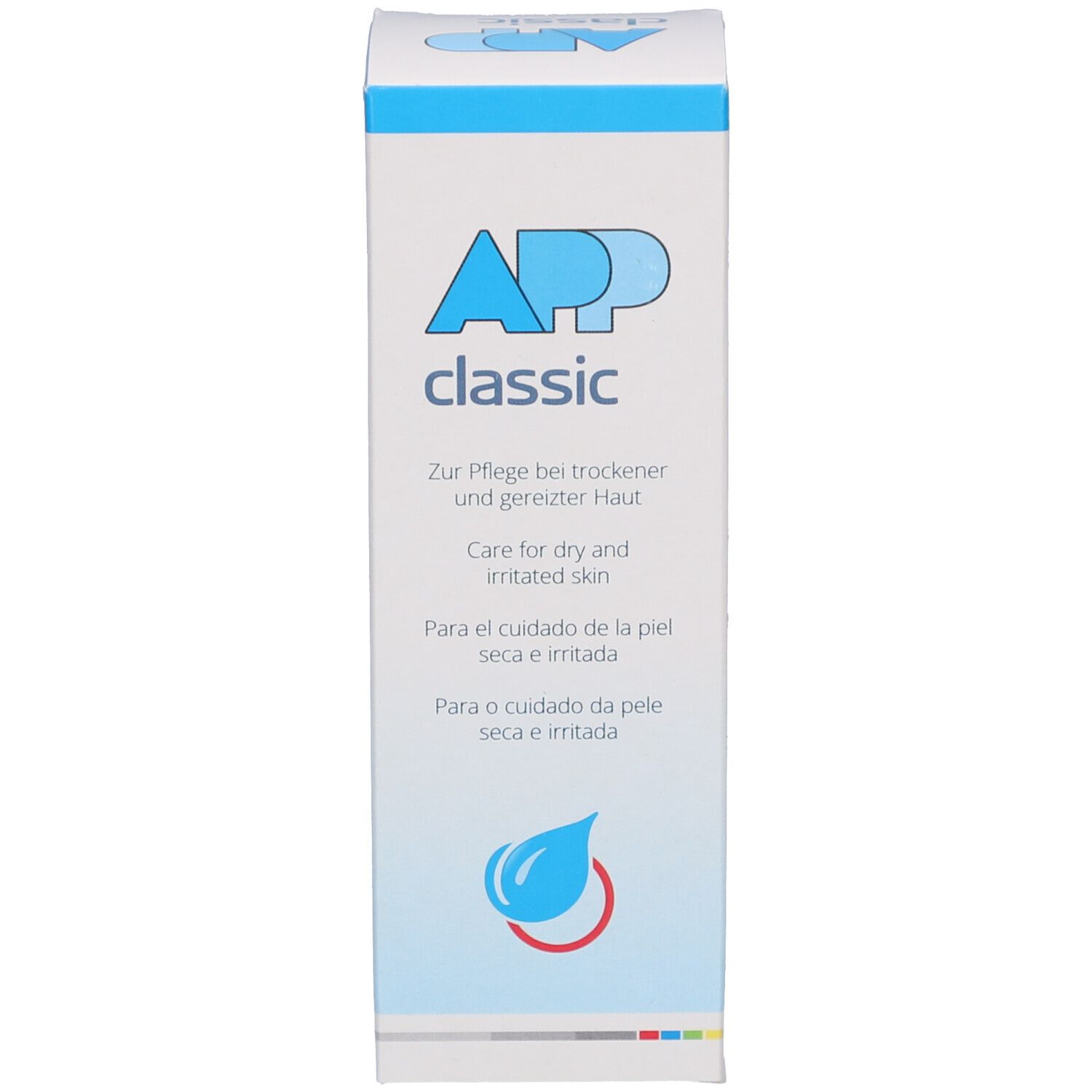 Vorderseite der Kartonverpackung. Aufschrift: APP classic. Text in mehreren Sprachen. Tropfen-Logo.