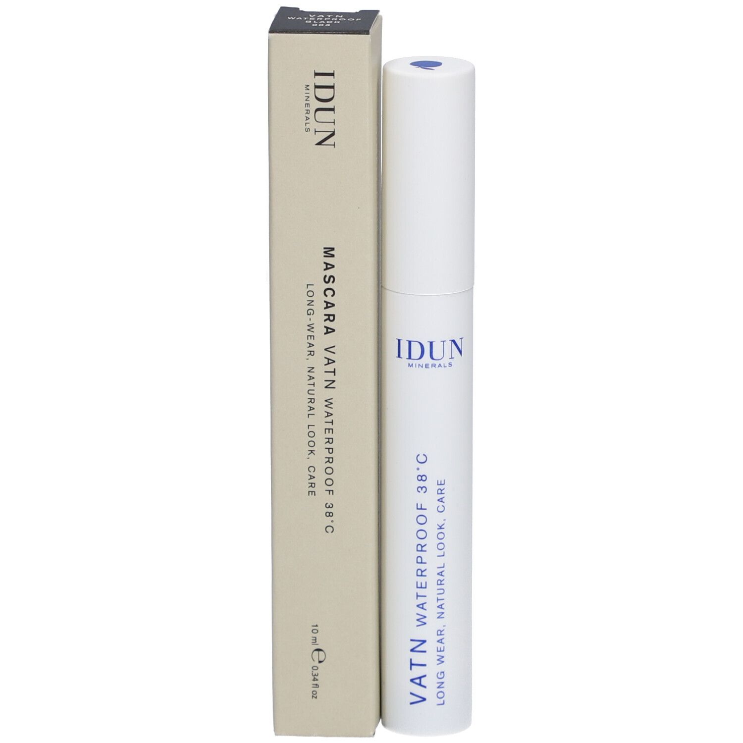 Tube de mascara blanc et boîte. Inscription: IDUN Minerals, Mascara VATN Waterproof 38°C. 12 ml.