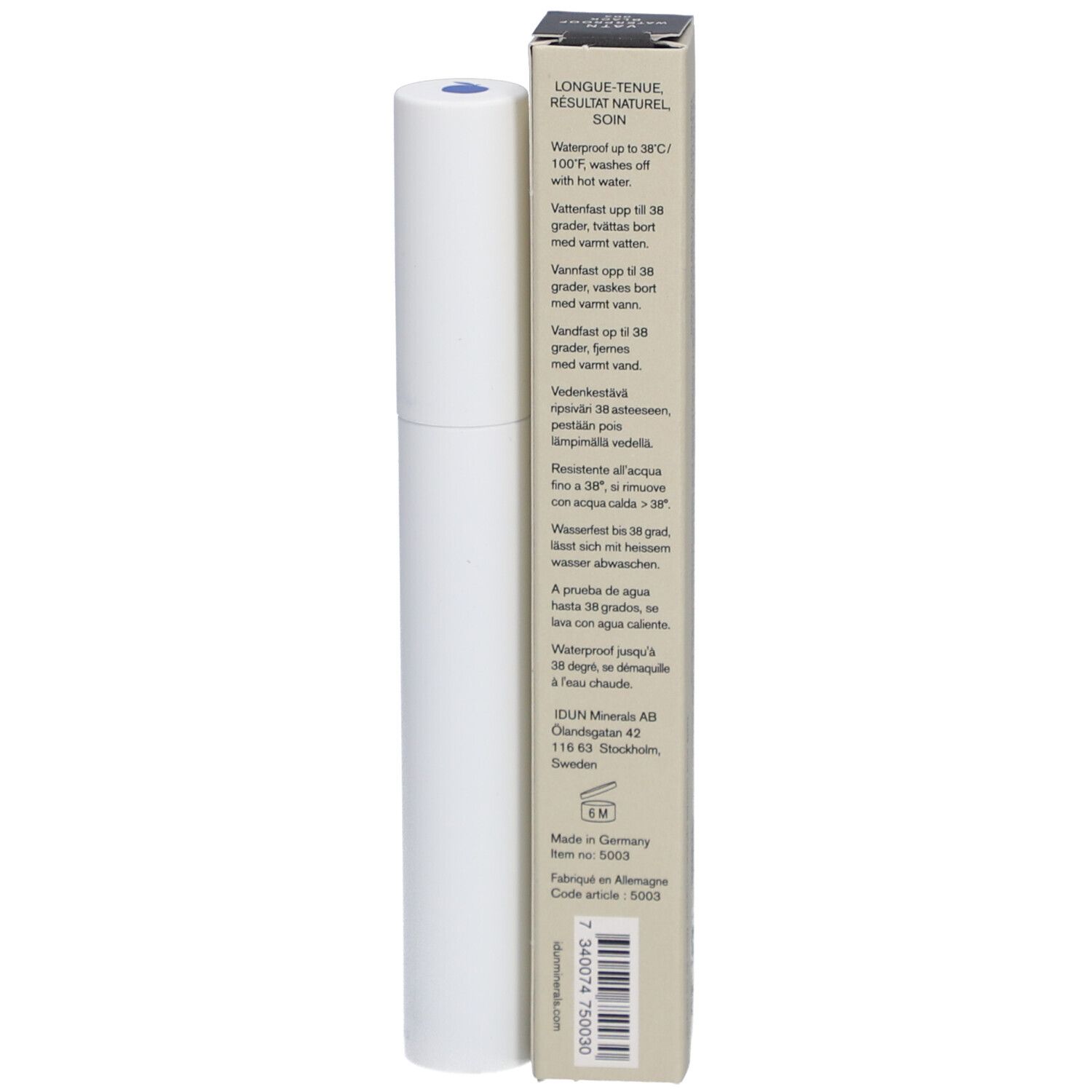 Tube de mascara blanc et boîte. Inscription: Waterproof jusqu'à 38°C. Fabriqué en Allemagne.