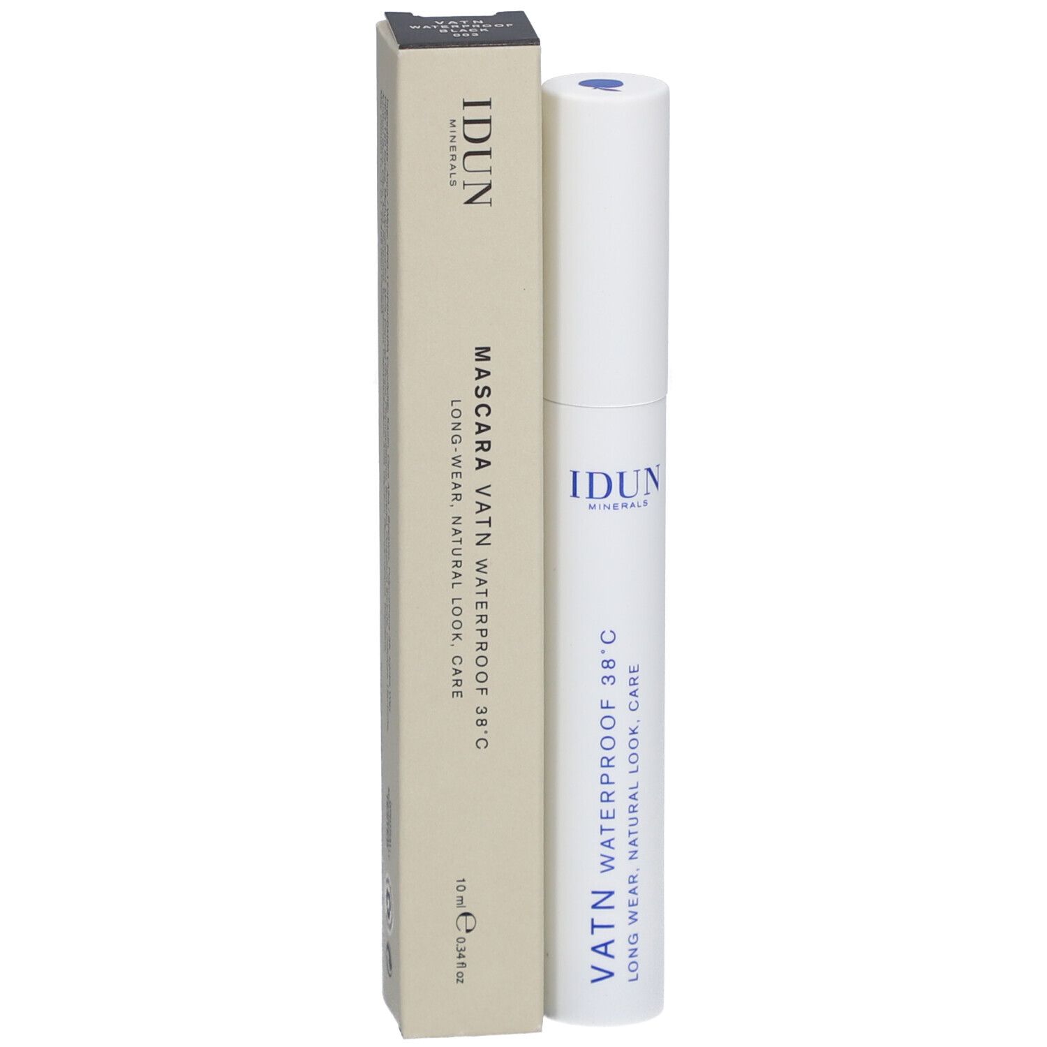 Tube de mascara blanc et boîte. Inscription: IDUN Minerals, Mascara VATN Waterproof 38°C. 12 ml.