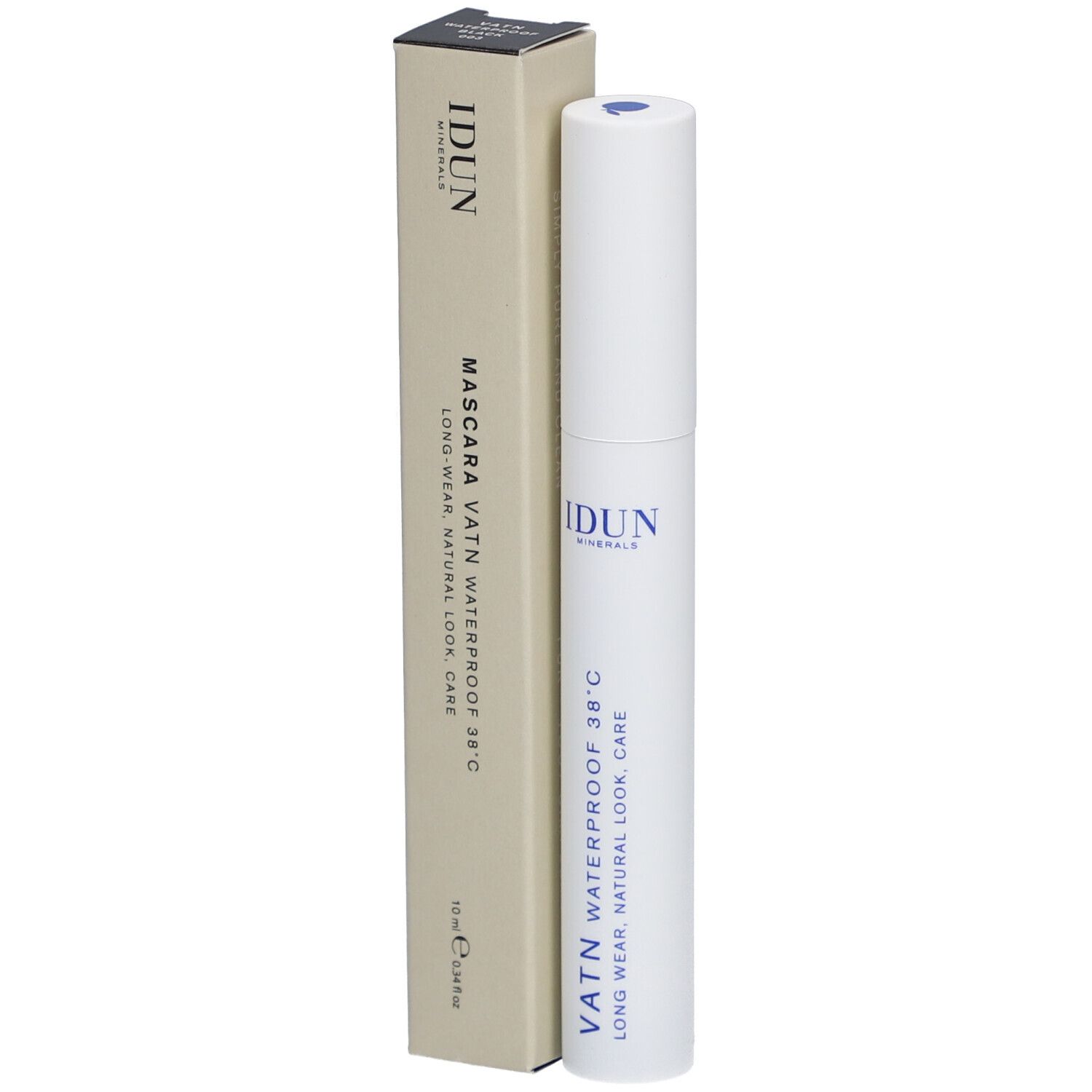 Tube de mascara blanc et boîte. Inscription: IDUN, Mascara VATN Waterproof 38°C. 10 ml.