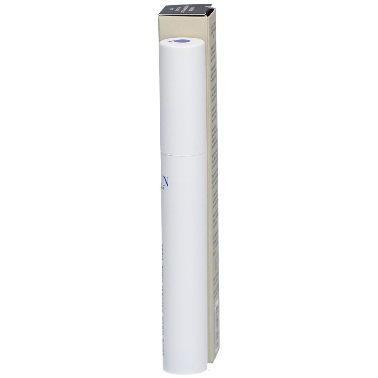 Tube de mascara blanc et boîte. Inscription: IDUN Minerals, Mascara VATN Waterproof 38°C.