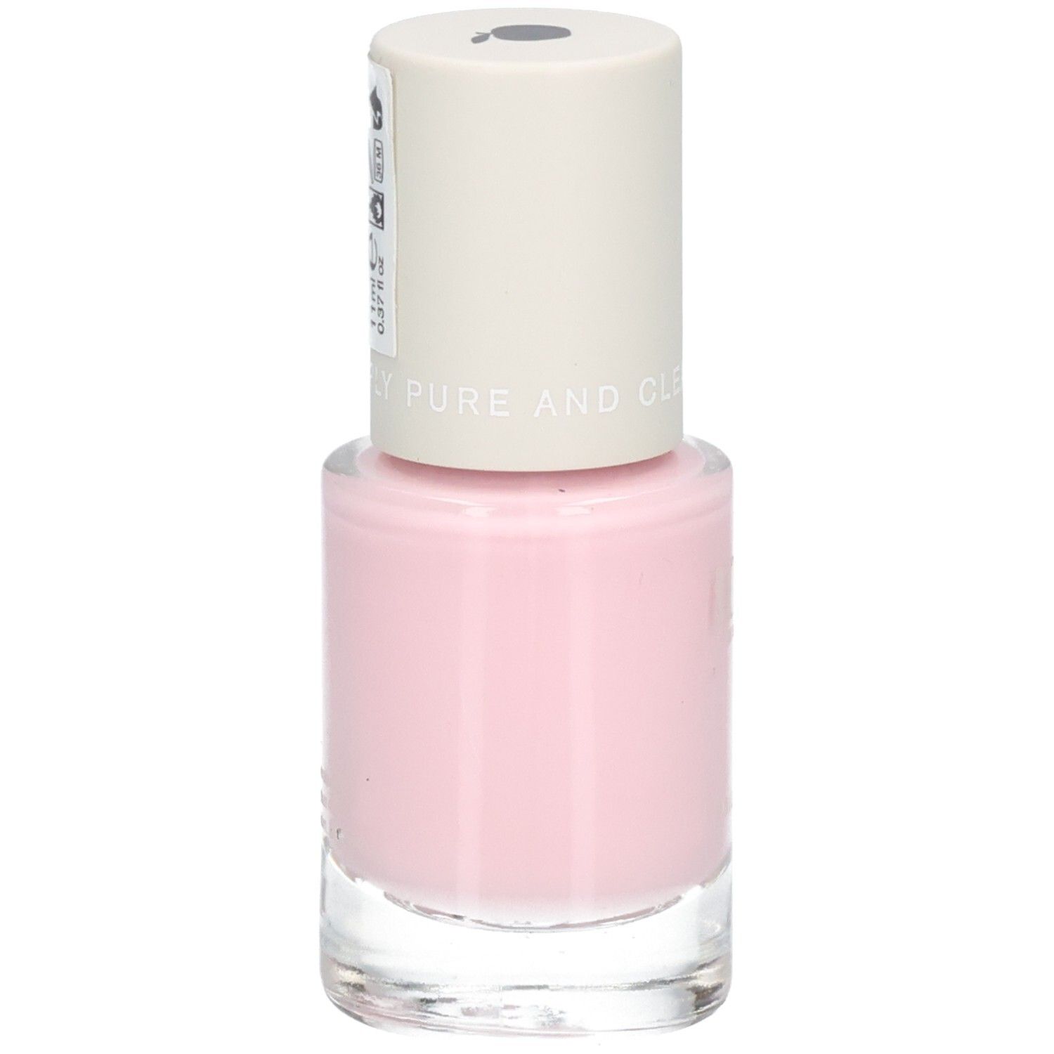 Ein Fläschchen hellrosa Nagellack mit einem cremefarbenen Deckel. "PURE AND CLEAN" ist auf den Deckel geprägt.